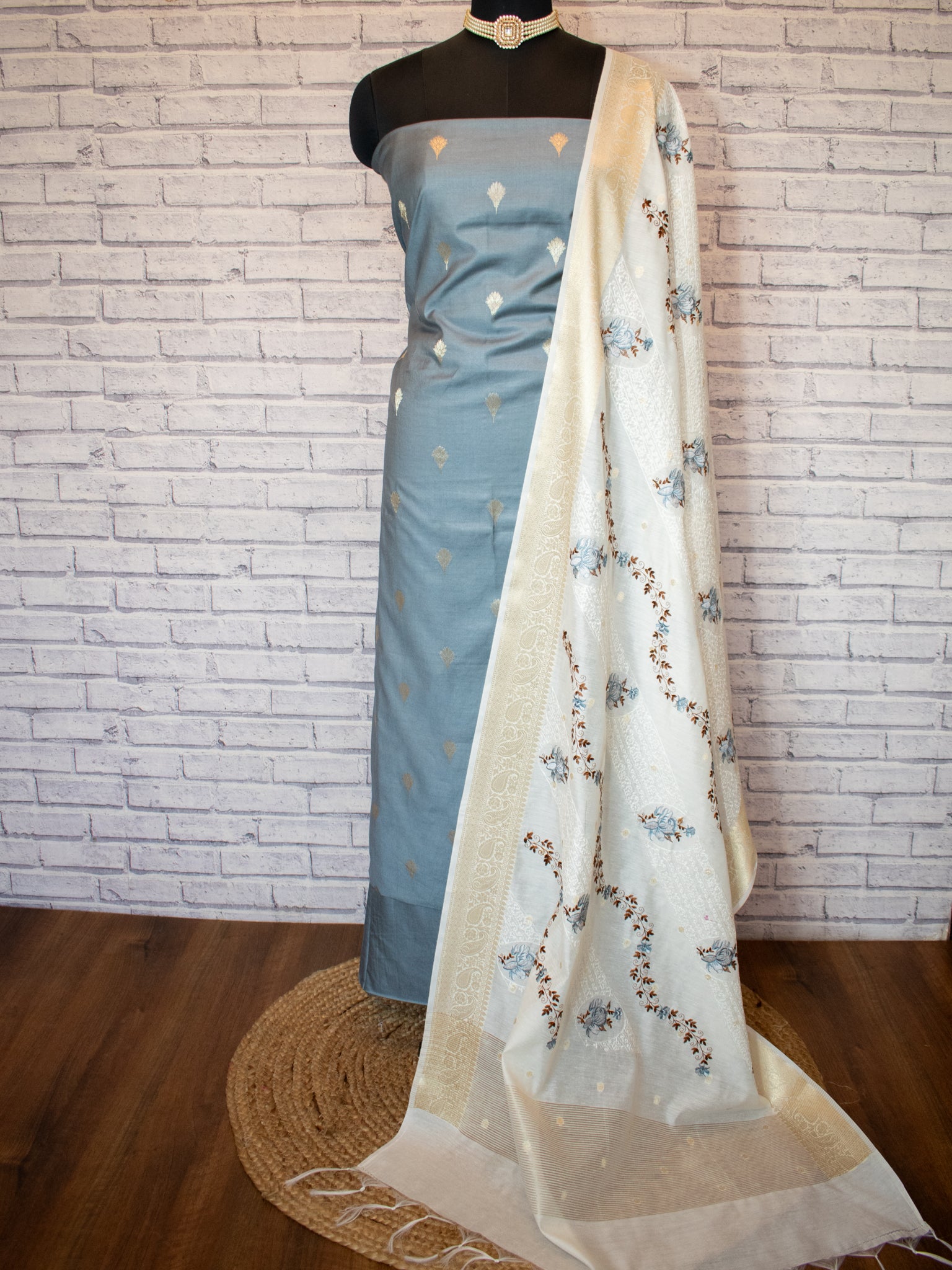 Banarasi Cotton Silk Salwar Kameez with Contrast Dupatta- Grey