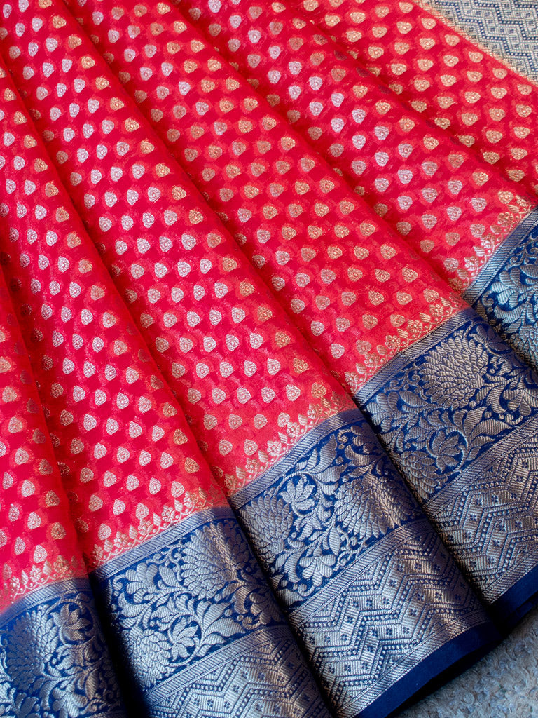 Banarasi Kora Saree With Zari Buti Weaving & Contrast Border-Red
