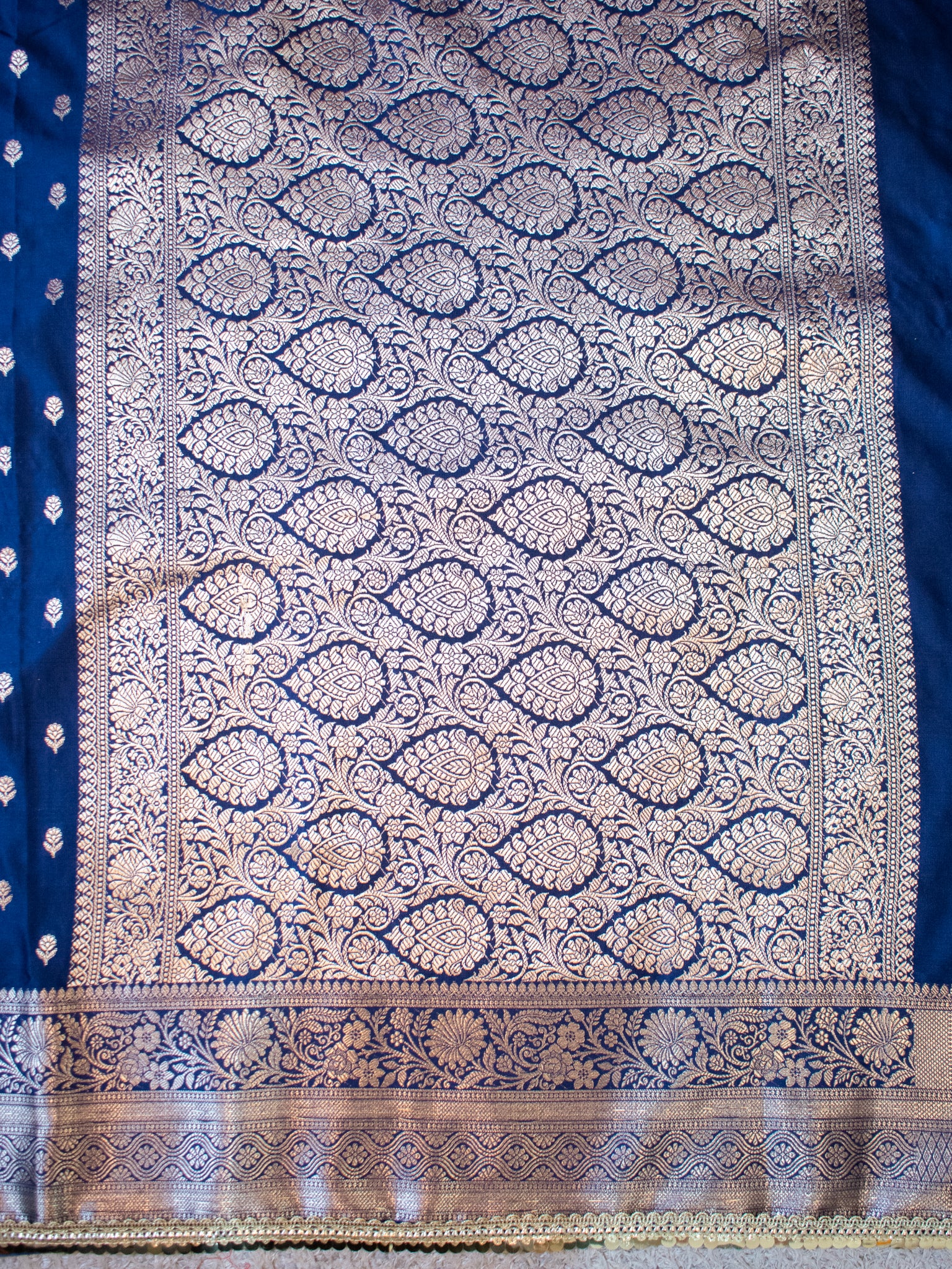 Banarasi Silk Saree With Buti Weaving & Lace Border- Blue