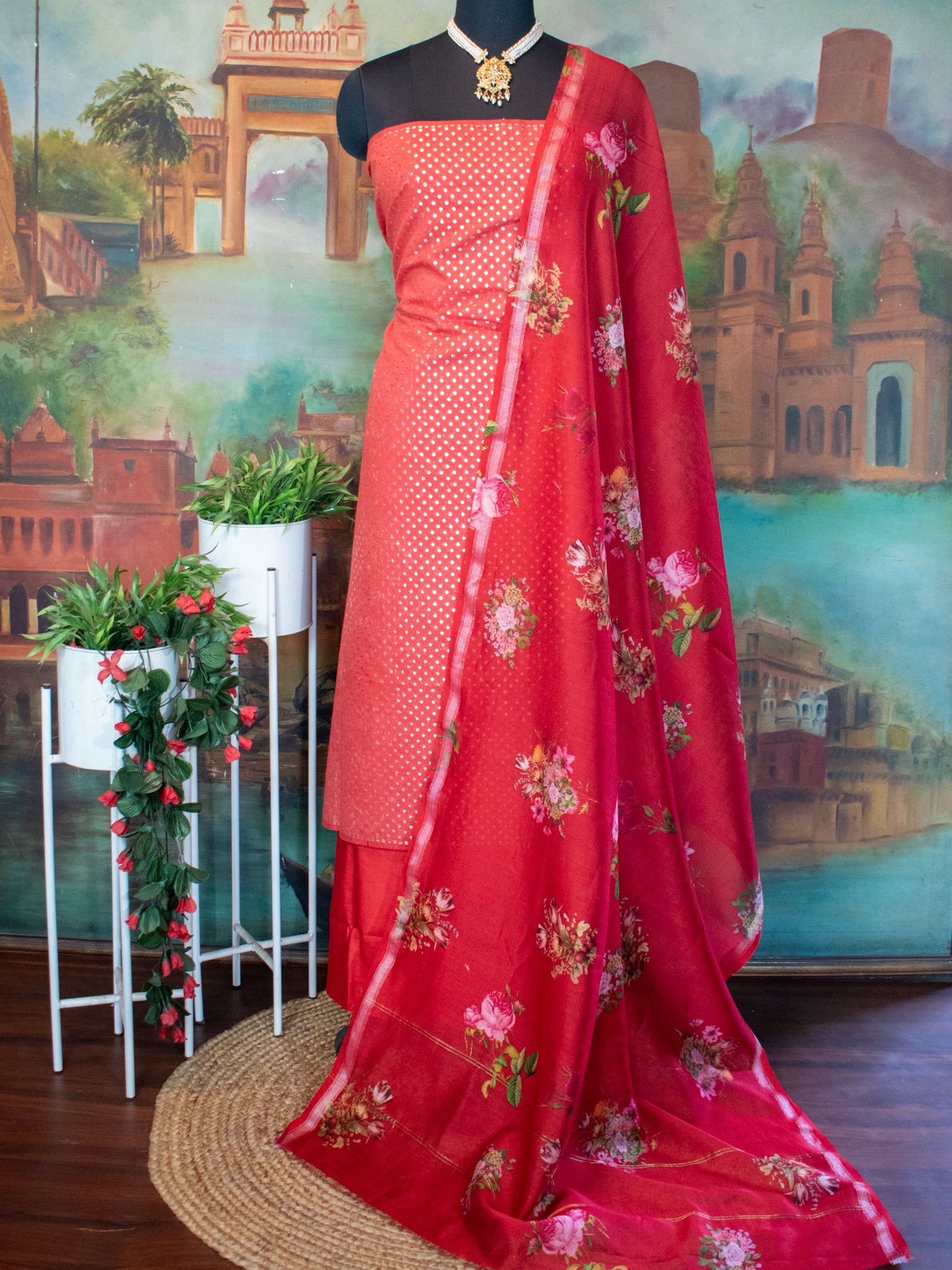 Banarasi Cotton Silk Salwar Kameez With Dupatta- Red