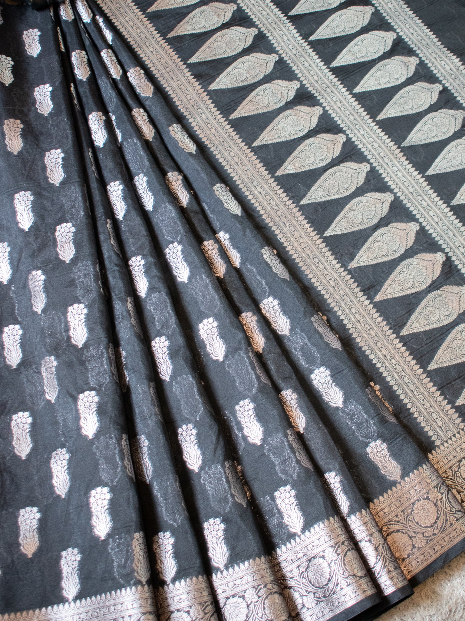 Banarasi Semi Silk Saree With Silver Zari Weaving & Border- Black