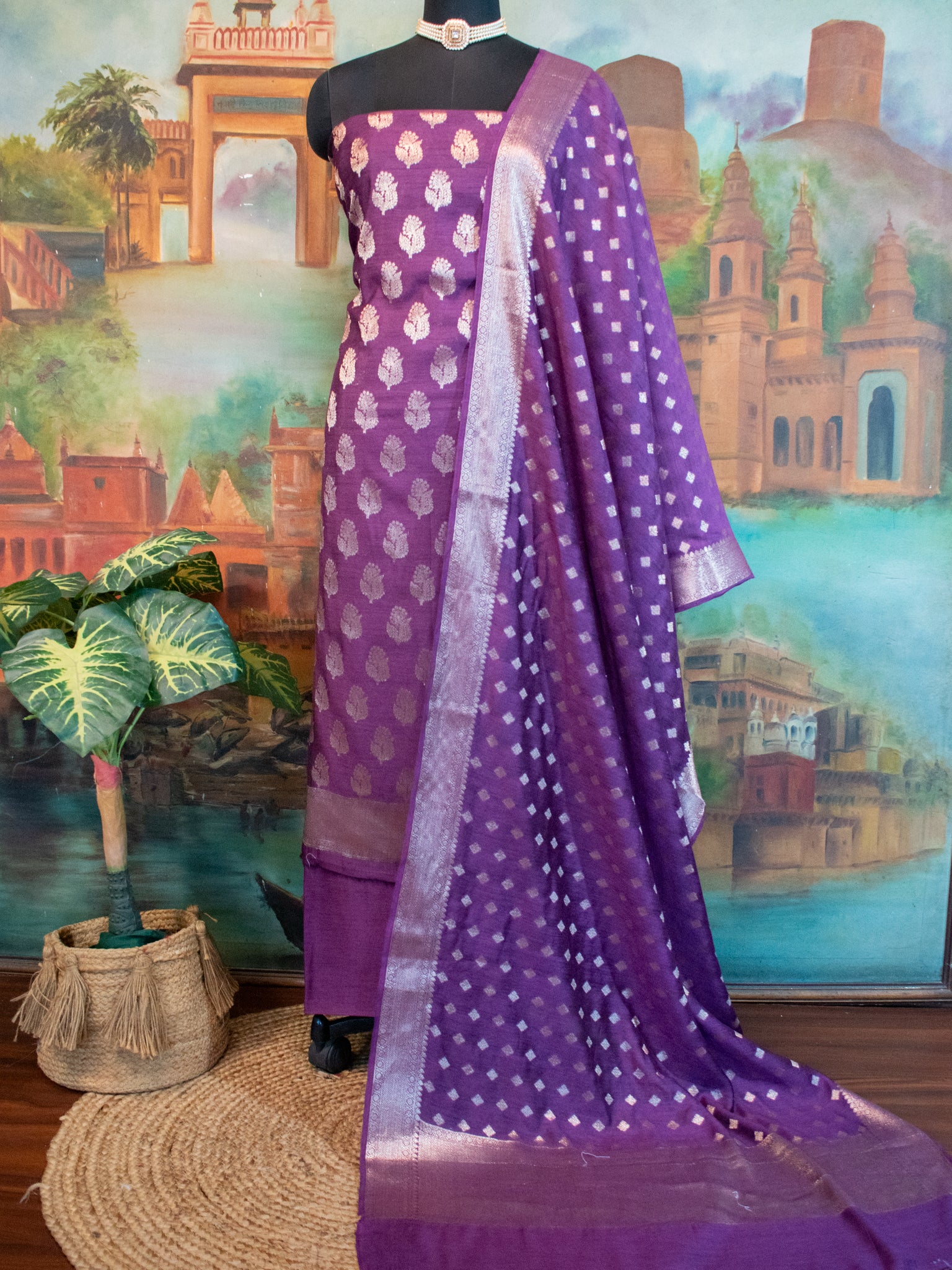 Banarasi Pure Muga Silk Salwar Kameez- Violet