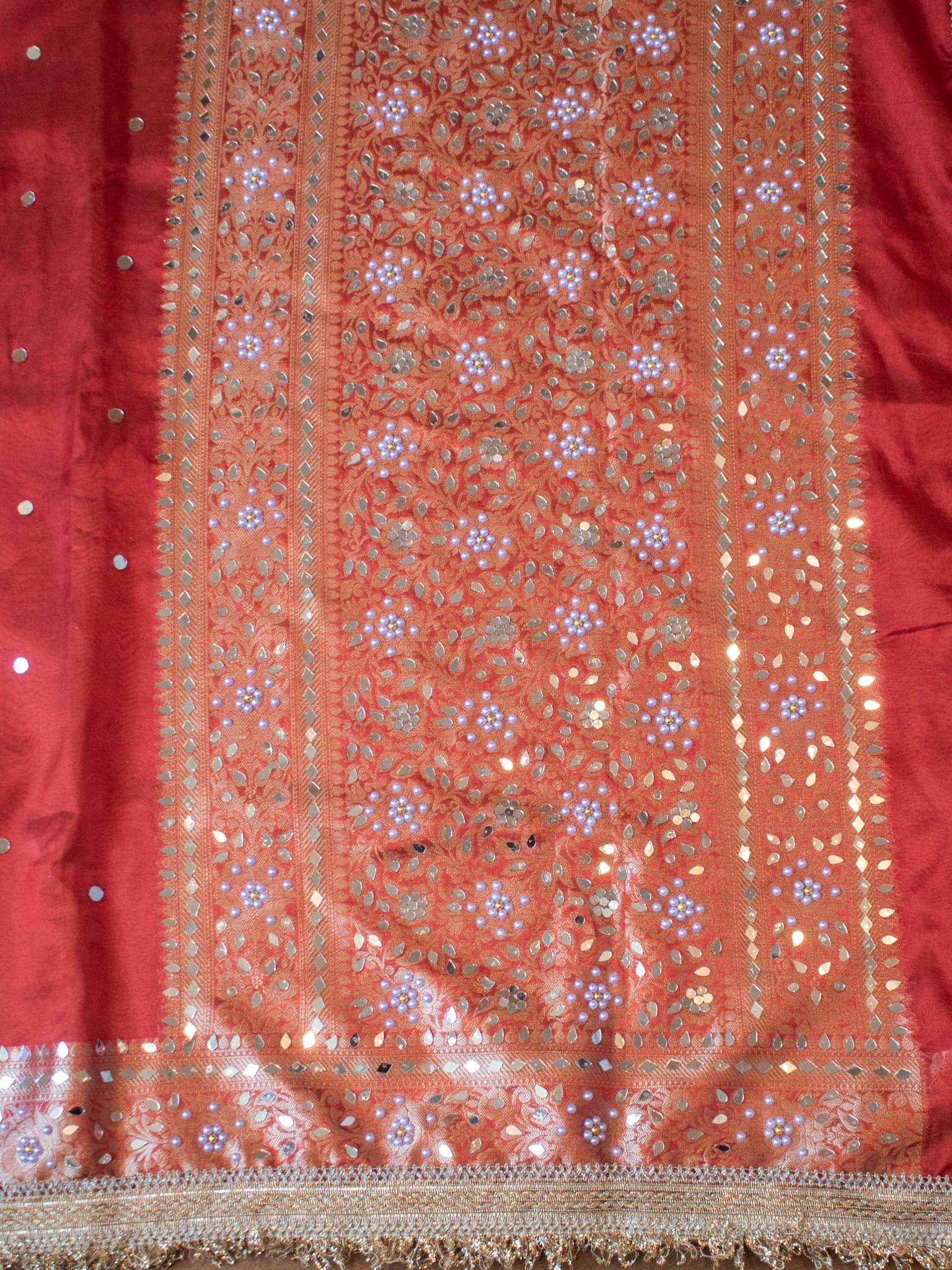 Banarasi Mirror Work Tissue Saree with Lace Border - Red