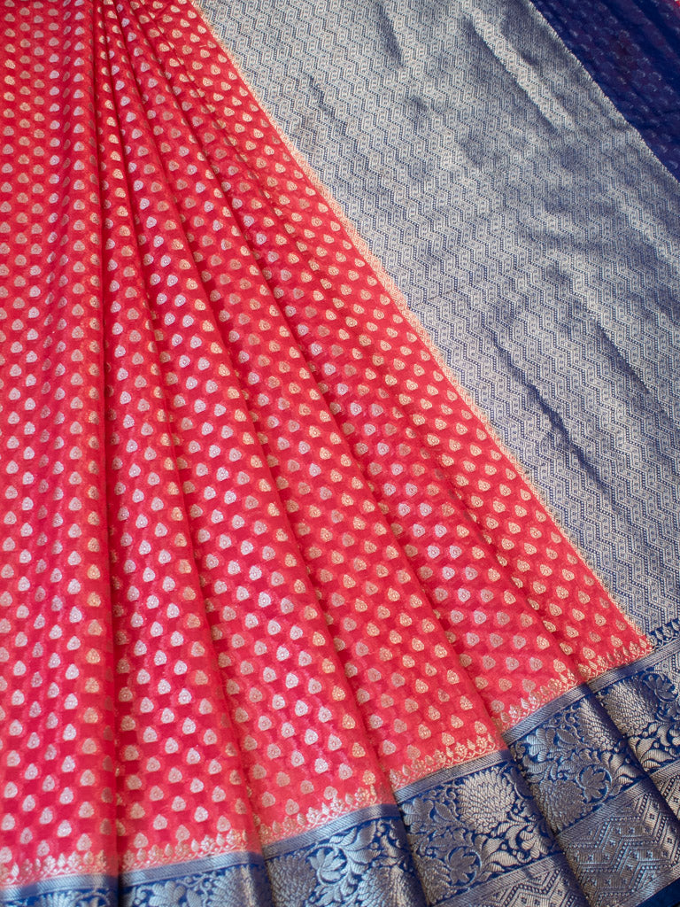 Banarasi Kora Saree With Zari Buti Weaving & Contrast Border-Red