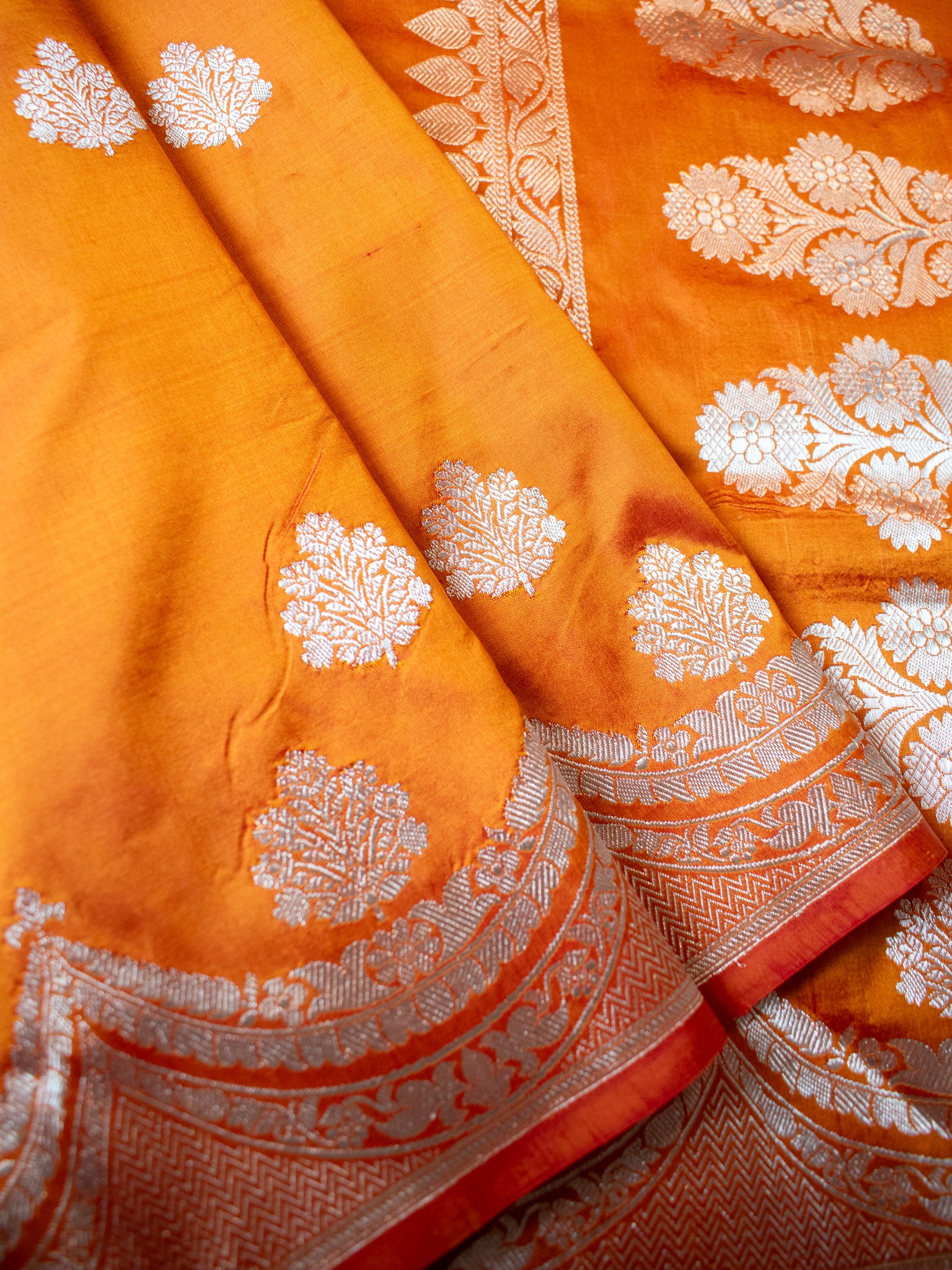 Banarasi Pure Katan Saree With Buti & Border- Orange