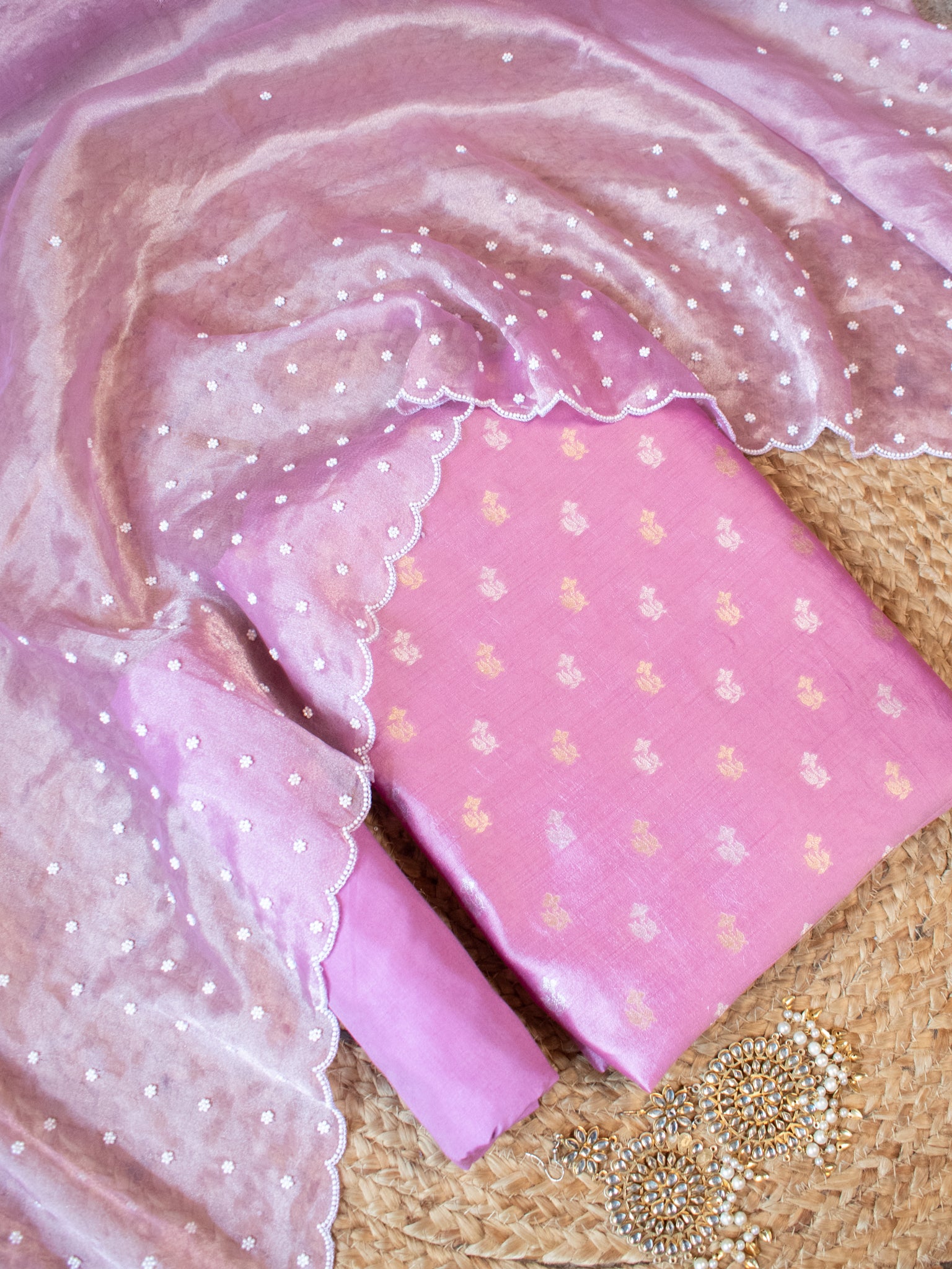 Banarasi Pure Chiniya Salwar Kameez With Tissue Handwork Dupatta- Pink