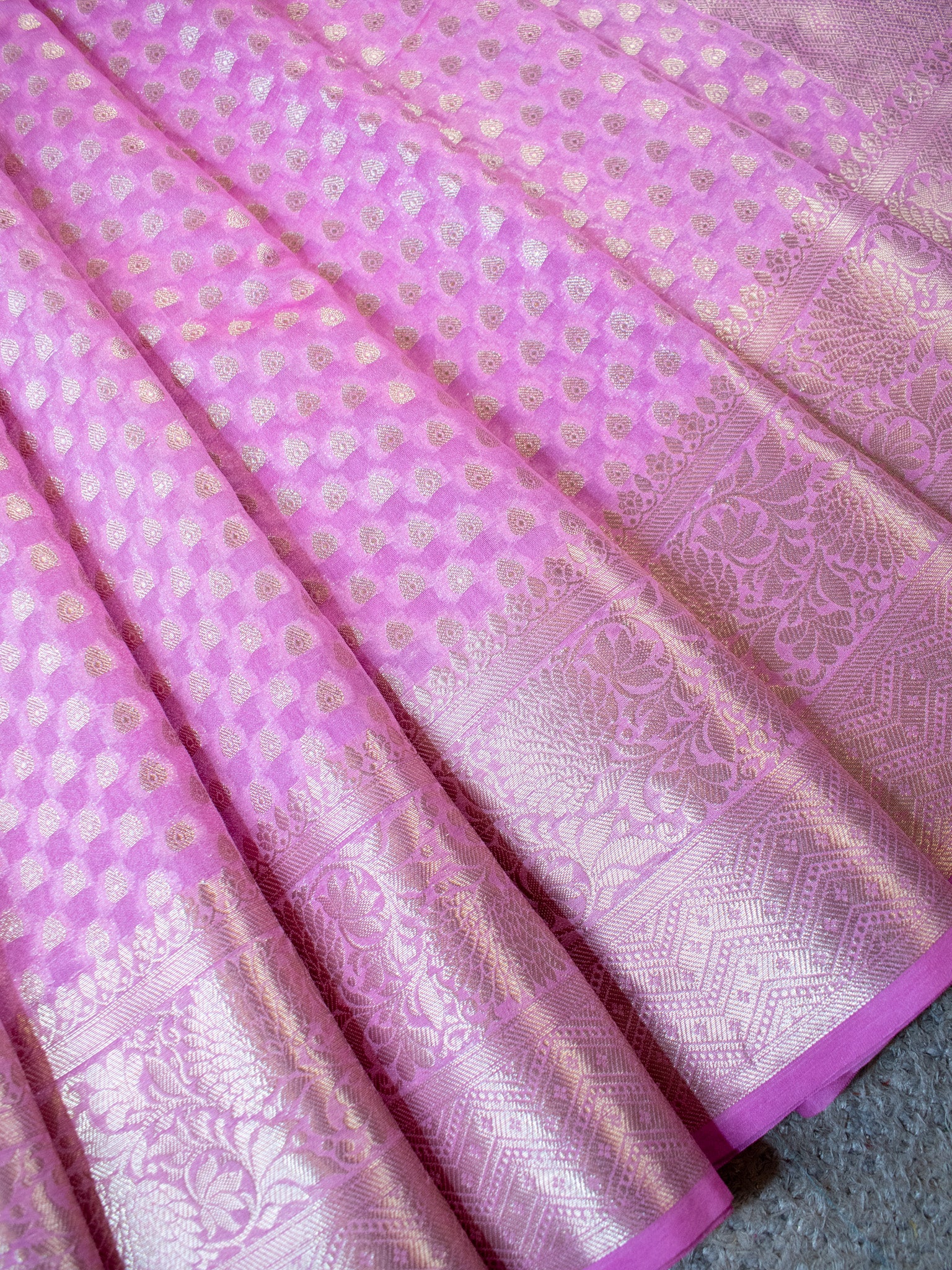 Banarasi Cotton Silk Saree With Silver Zari Weaving & Border-Pink
