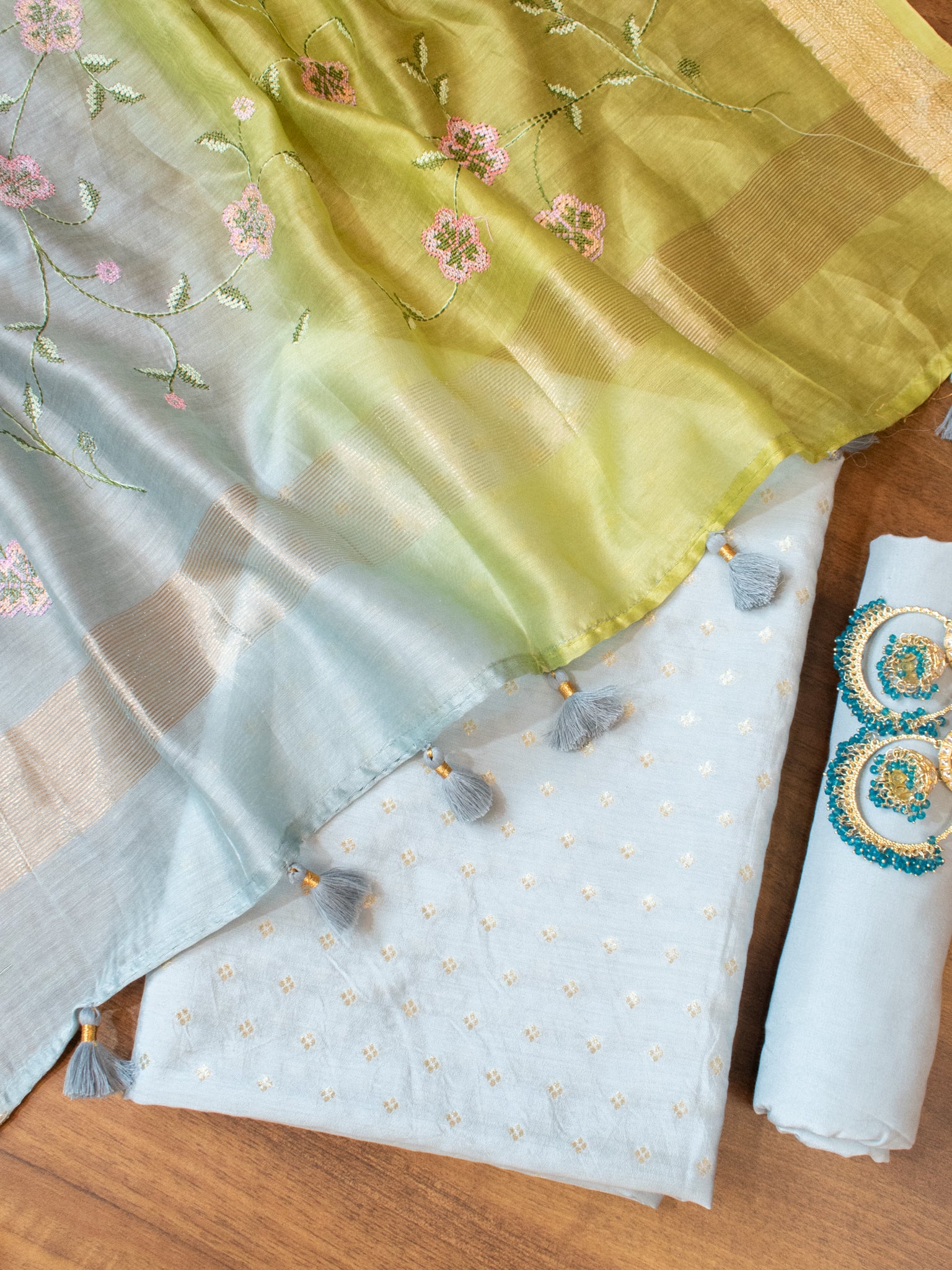 Banarasi Pure Chanderi Salwar Kameez Fabric With Embroidered Dupatta-Blue