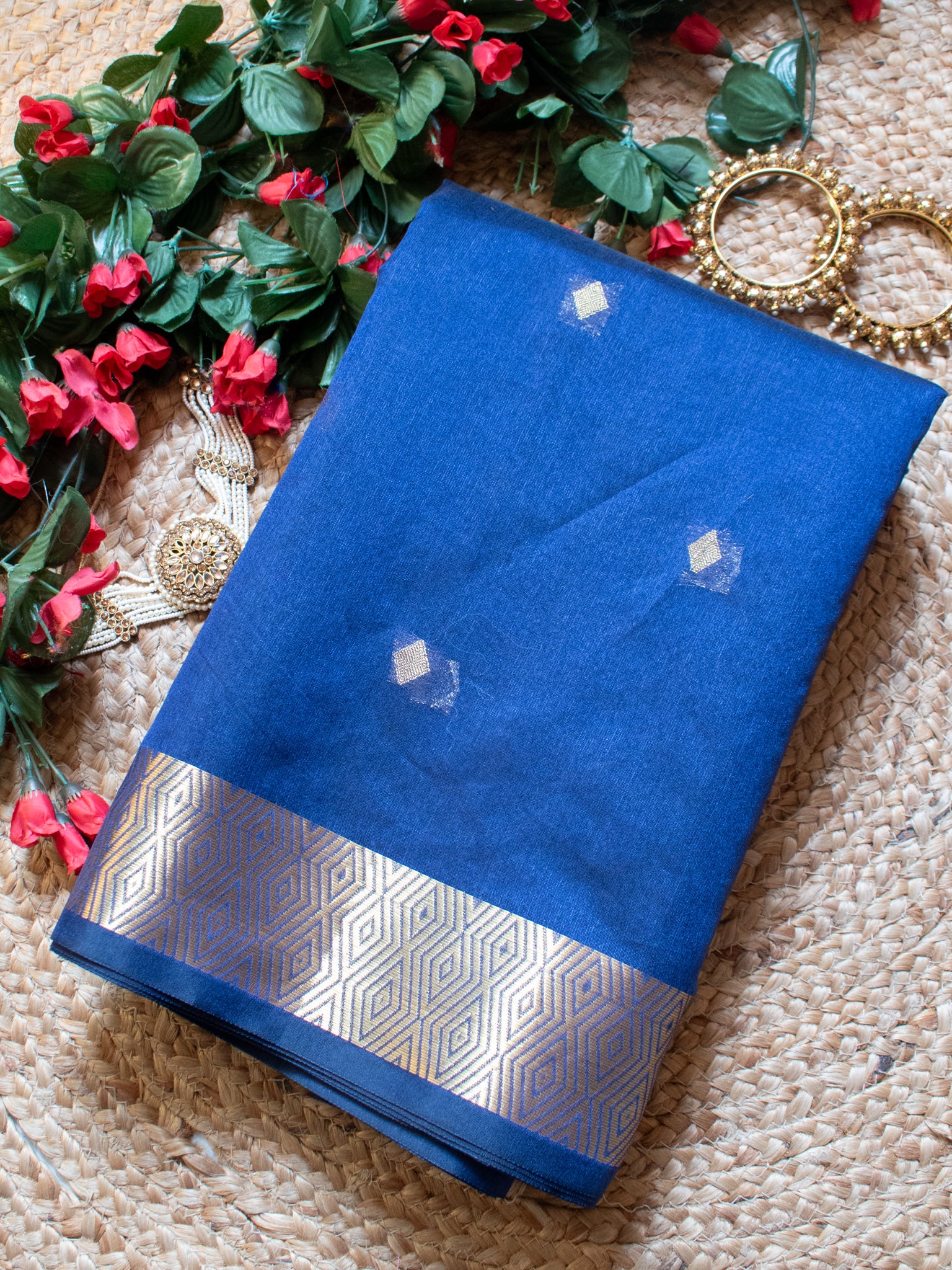 Banarasi Organza Mix Saree with Golden Weaving & Border- Navy Blue