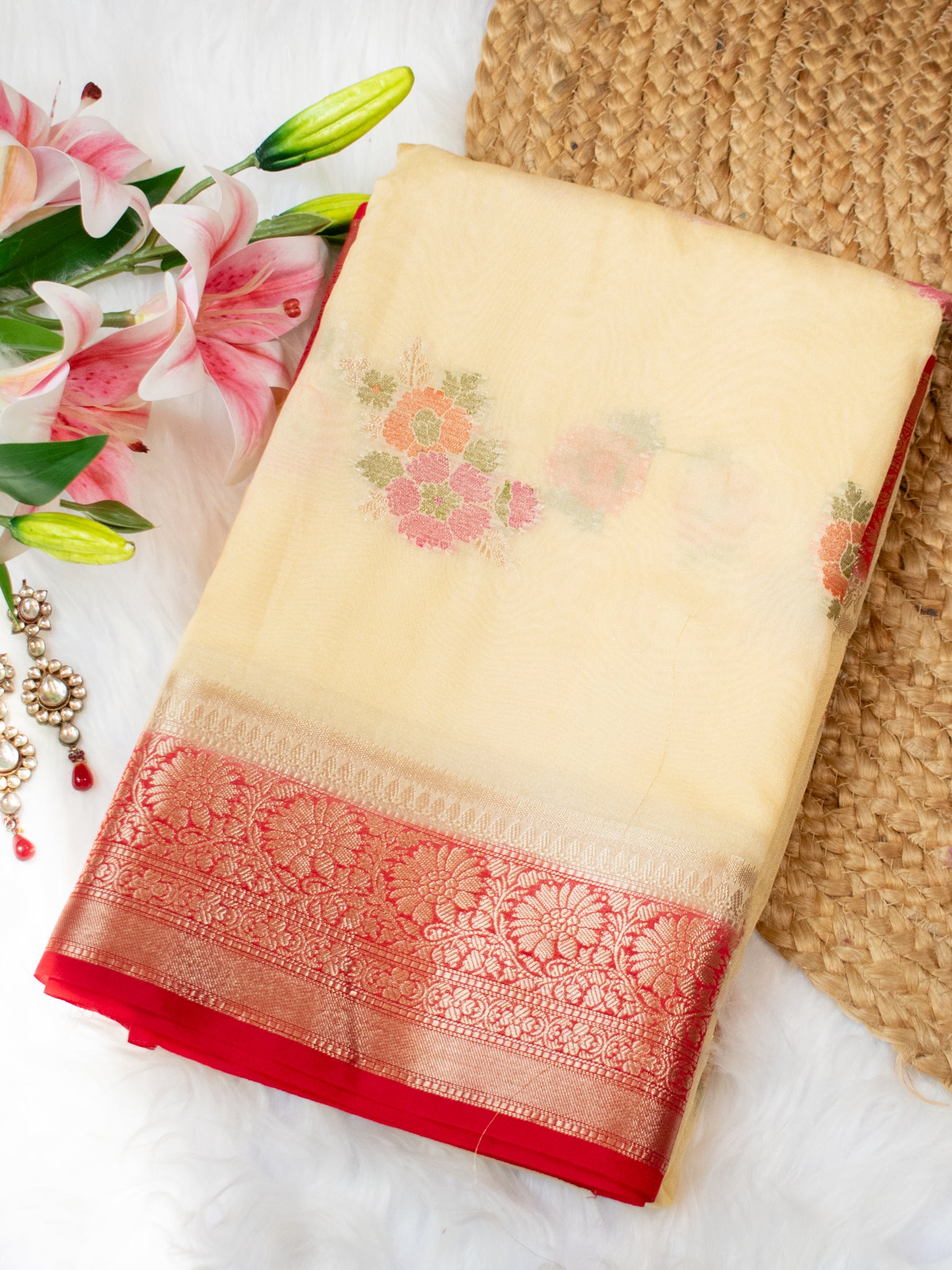 Banarasi Semi Georgette Saree With Weaving & Border - Red & Cream