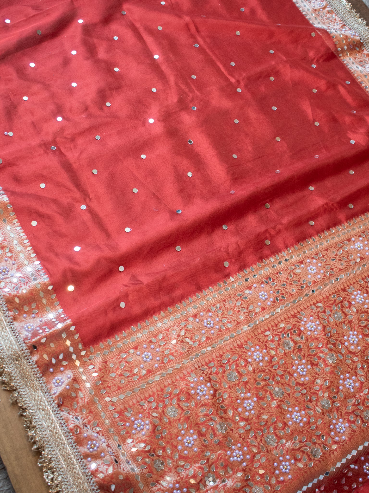 Banarasi Mirror Work Tissue Saree with Lace Border - Red