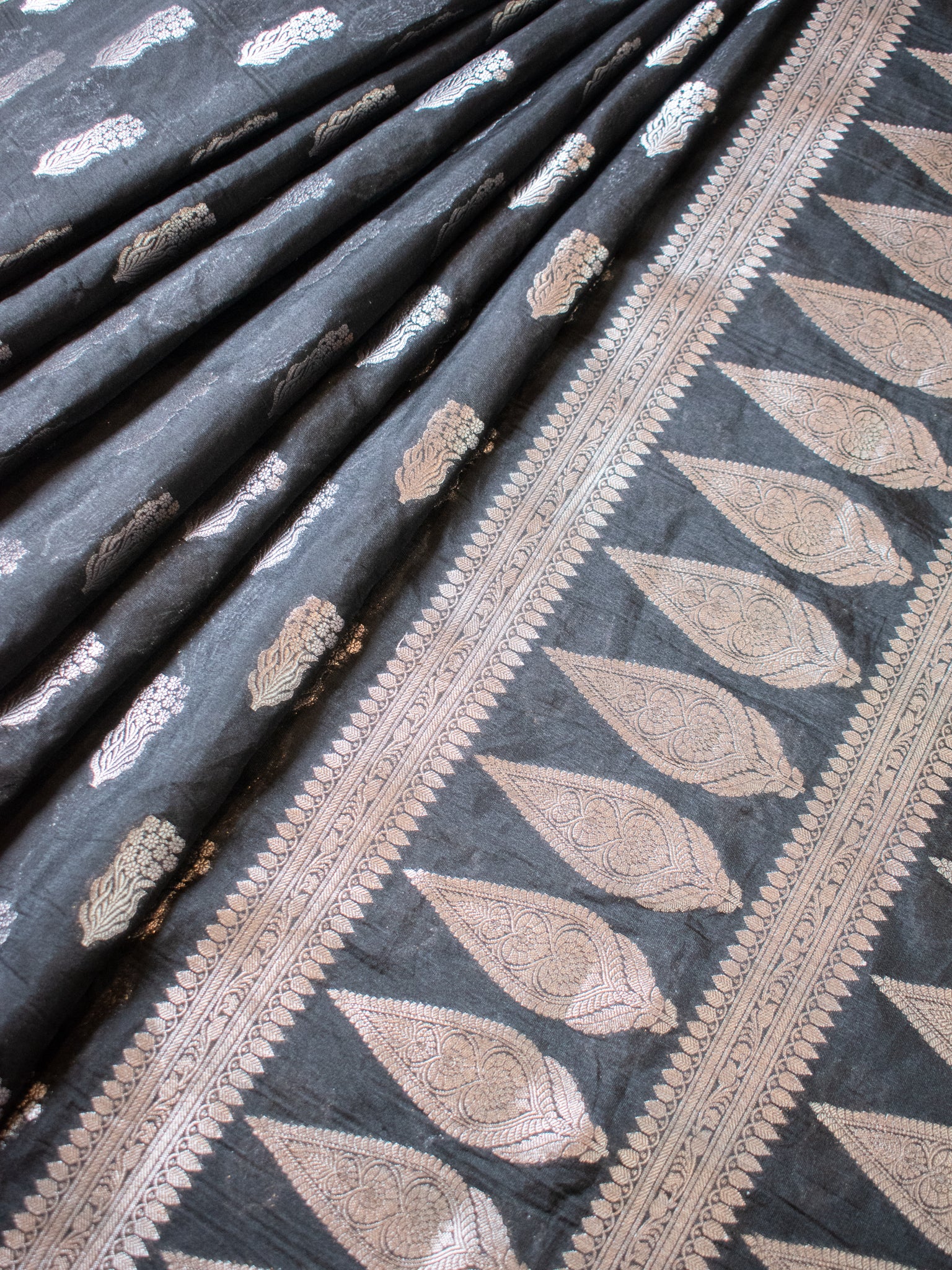 Banarasi Semi Silk Saree With Silver Zari Weaving & Border- Black