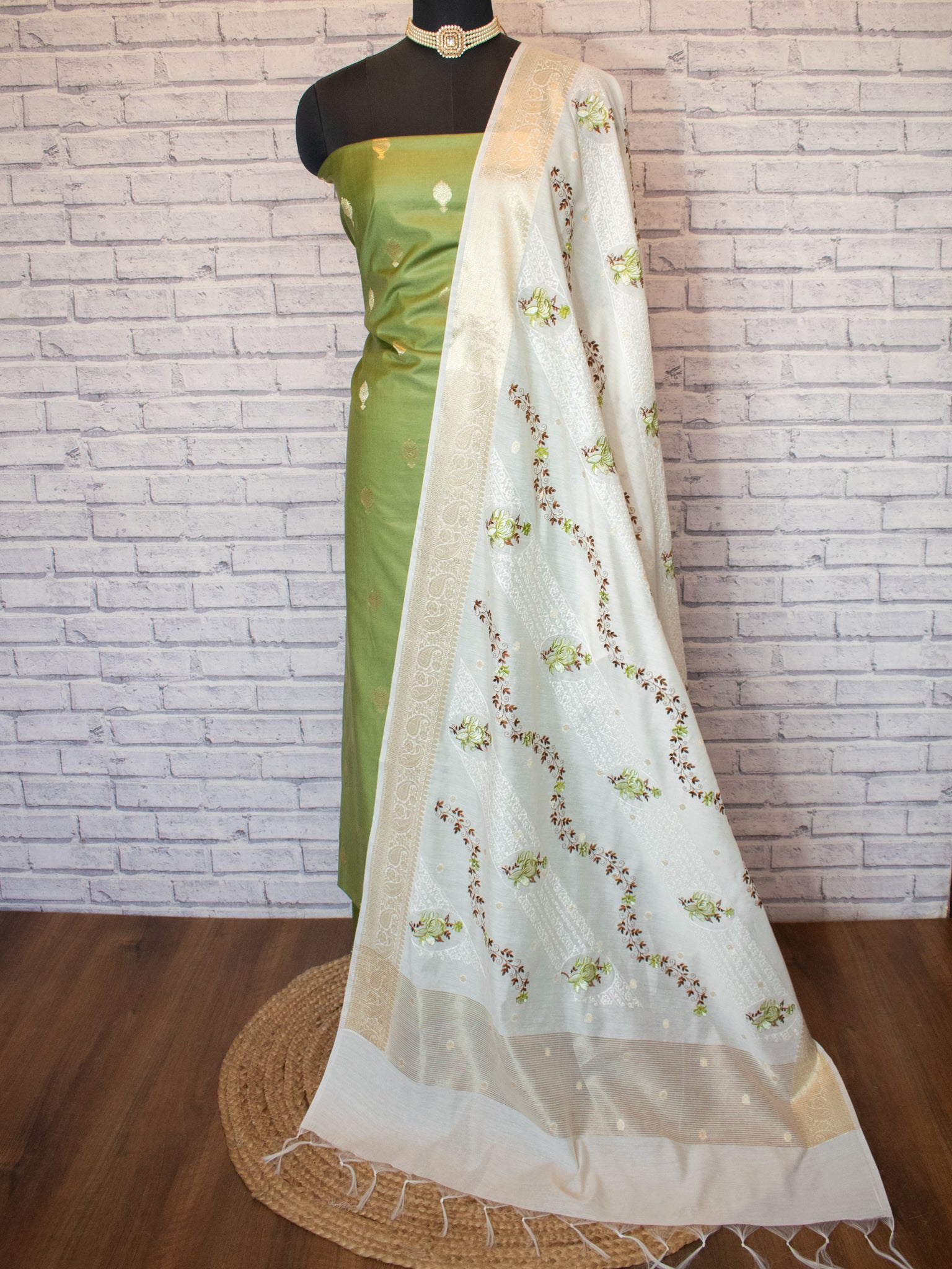 Banarasi Cotton Silk Salwar Kameez with Contrast Dupatta- Green