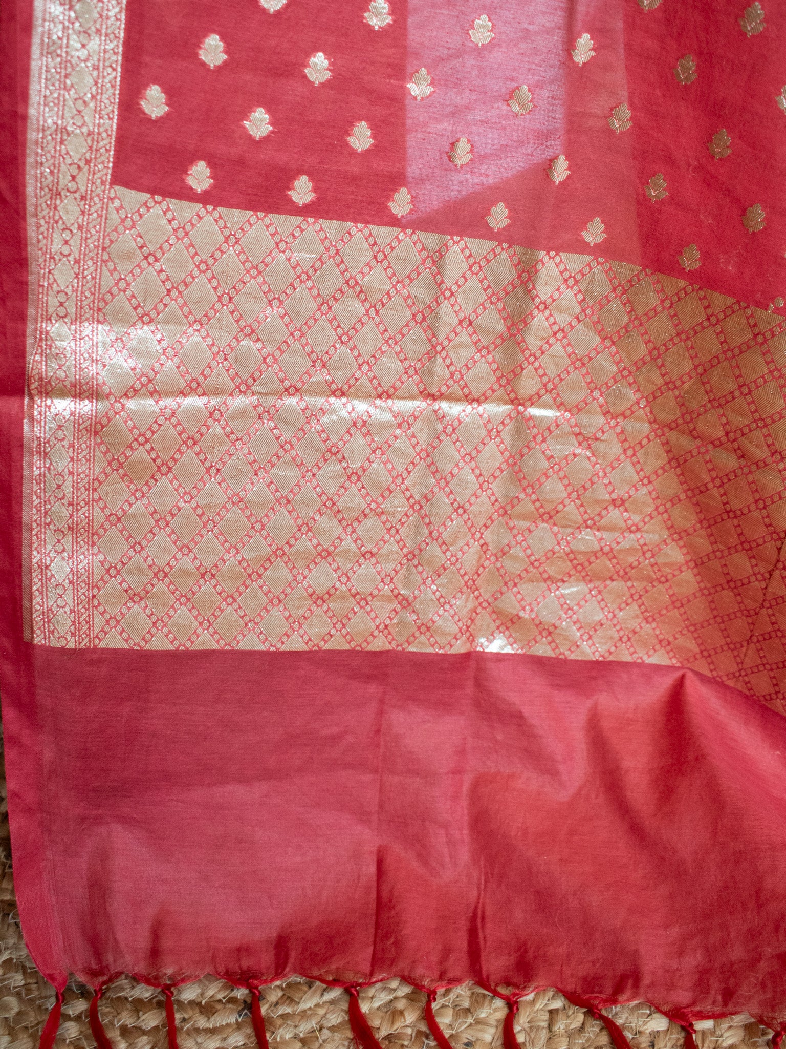 Cotton Silk Salwar Kameez Material With Silver Zari Weaving & Dupatta-Red