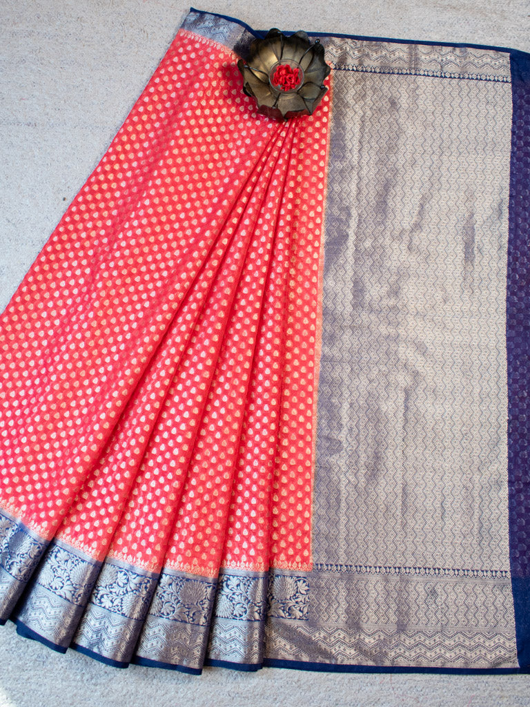 Banarasi Kora Saree With Zari Buti Weaving & Contrast Border-Red