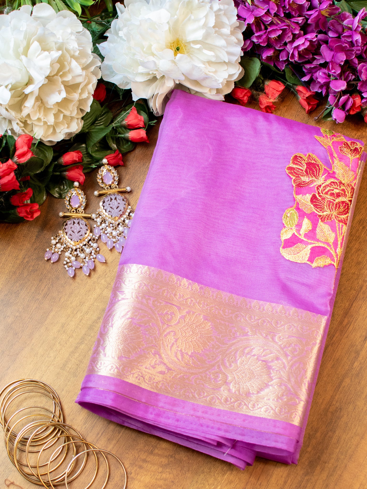 Banarasi Organza Saree With Zari Border-Lavender