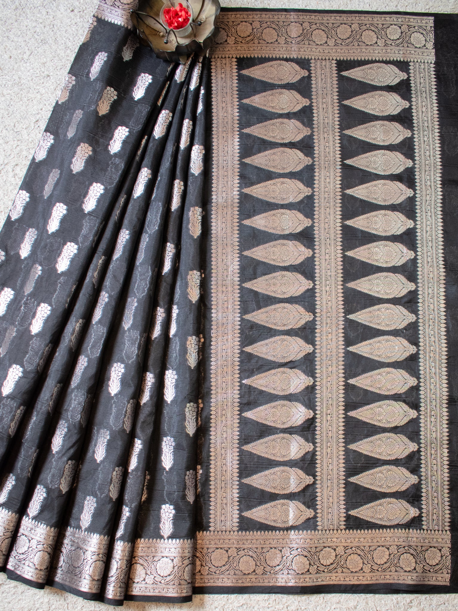 Banarasi Semi Silk Saree With Silver Zari Weaving & Border- Black