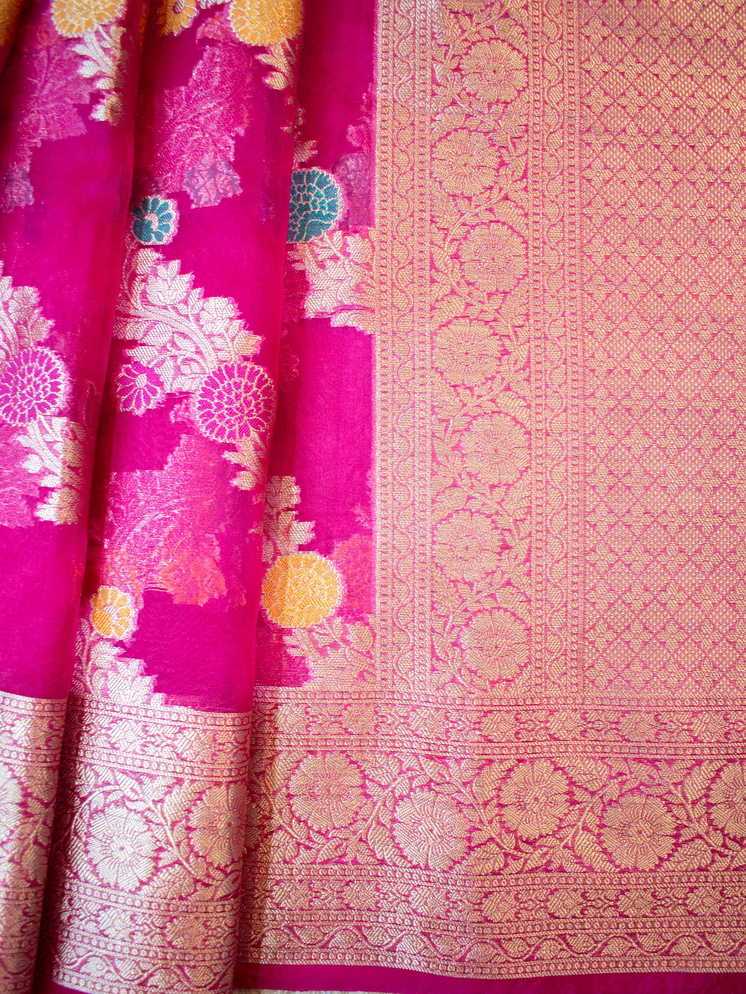 Banarasi Cotton Silk Saree With Silver Zari Weaving & Border-Pink