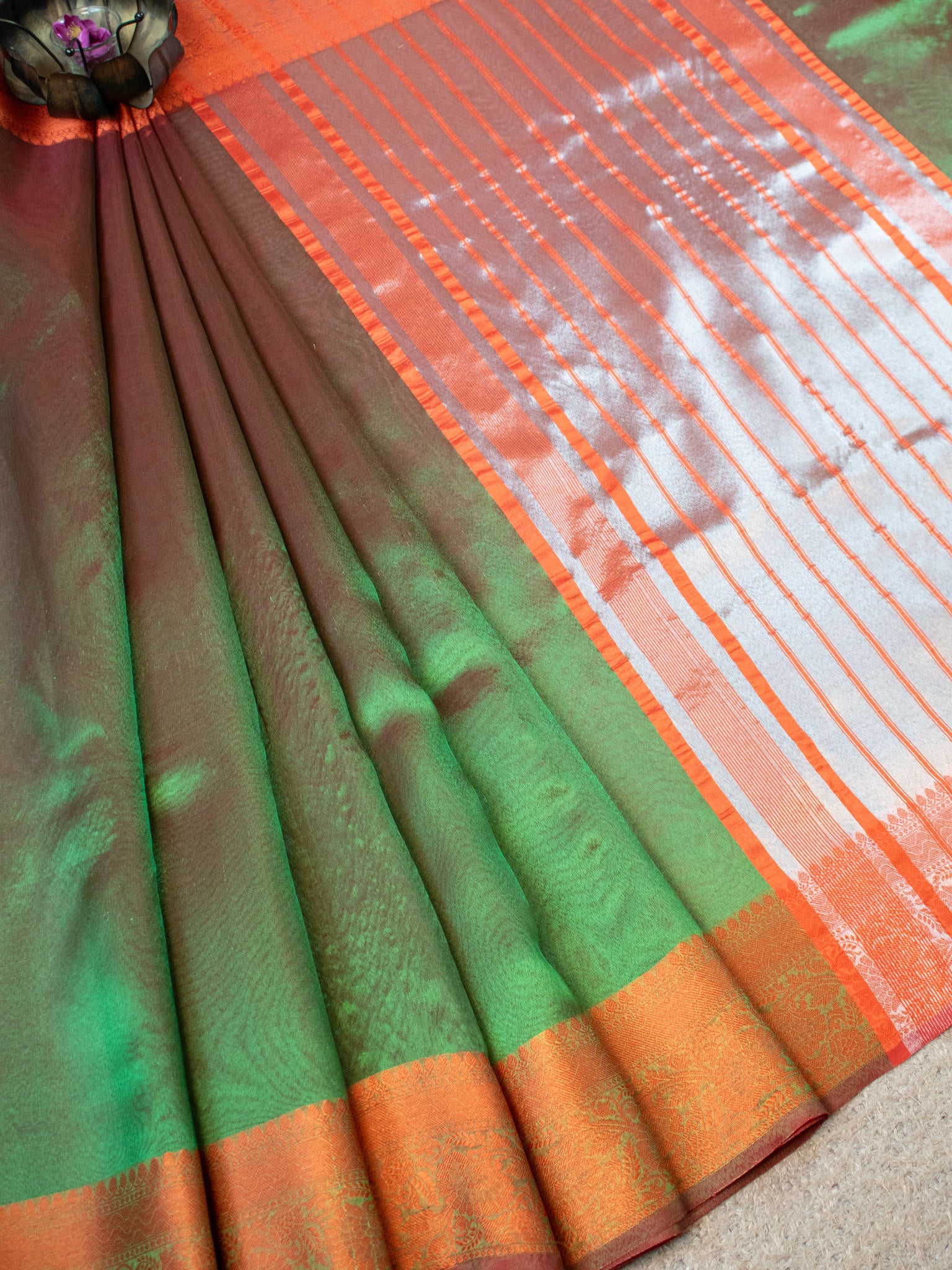 Banarasi Plain Shaded Tissue Saree With Zari Border - Green