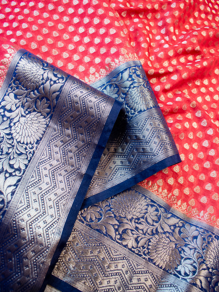 Banarasi Kora Saree With Zari Buti Weaving & Contrast Border-Red