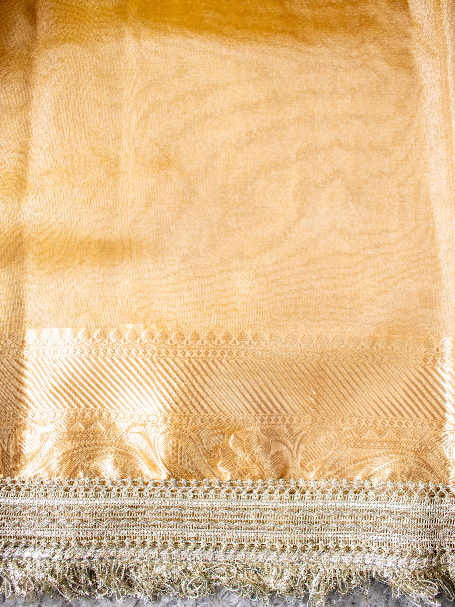 Banarasi Tissue Saree With Silver Zari Border & Lace - Orange