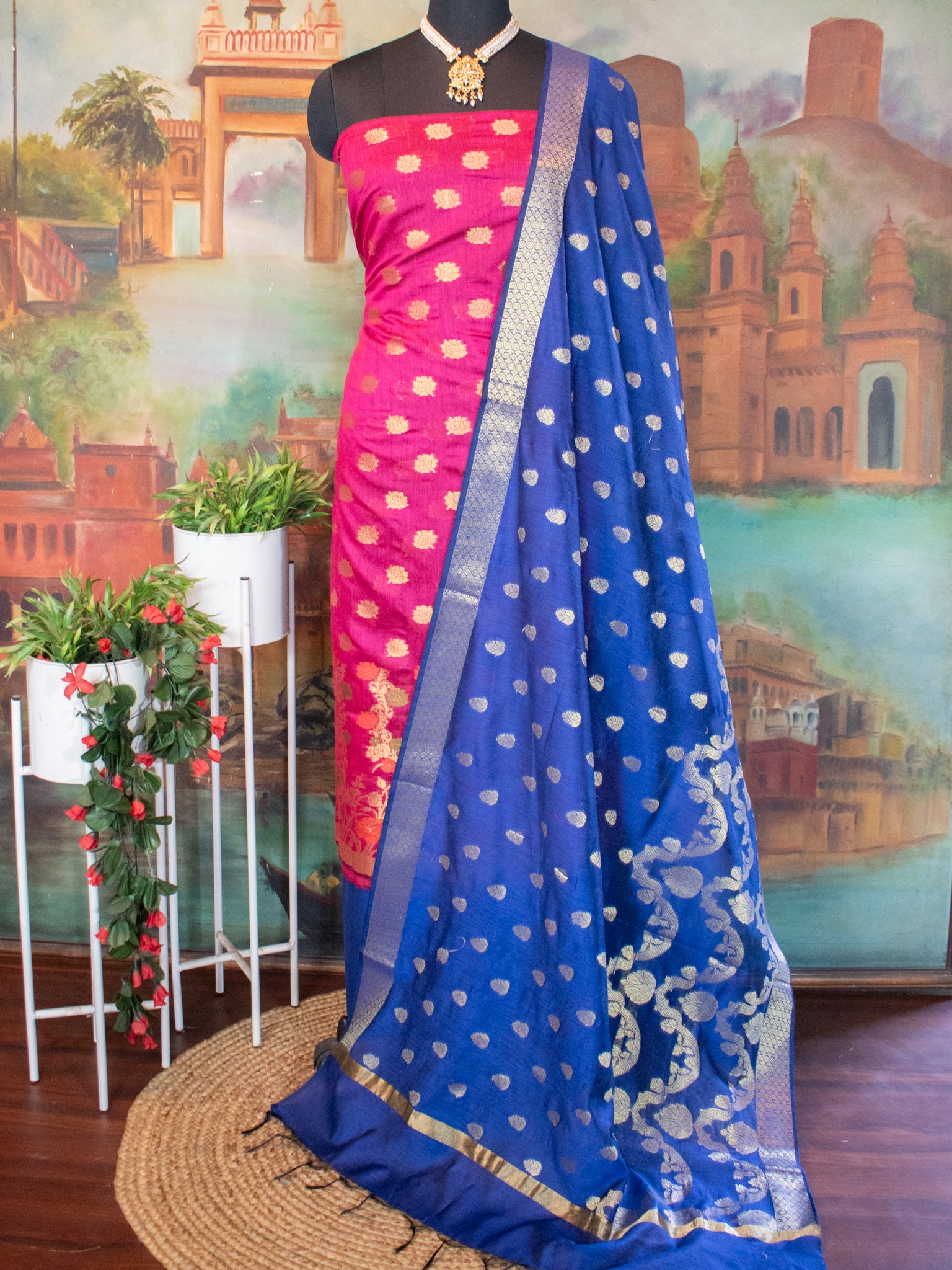 Banarasi Chanderi Cotton Salwar Kameez With Zari Weaving & Dupatta- Pink