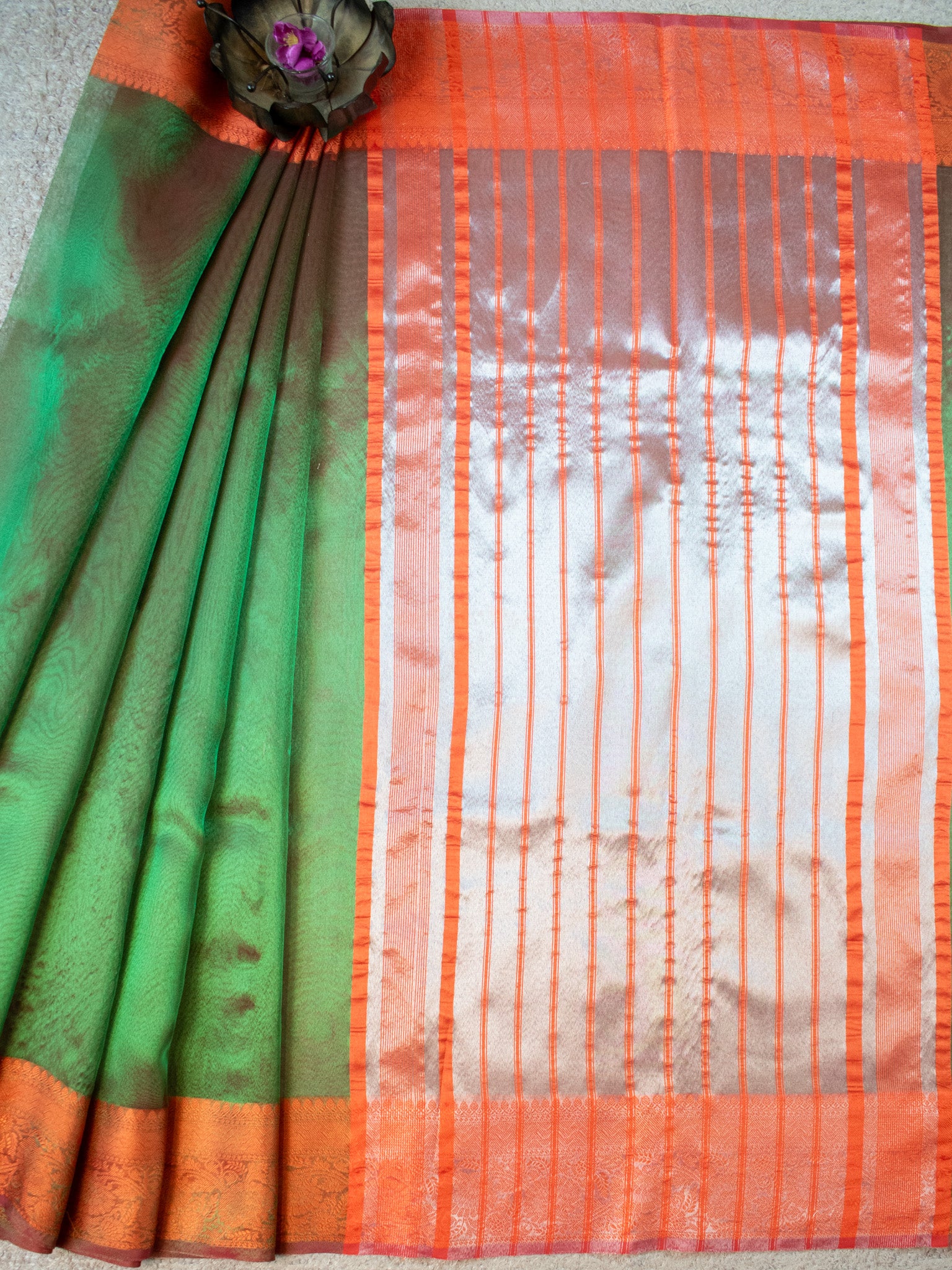 Banarasi Plain Shaded Tissue Saree With Zari Border - Green