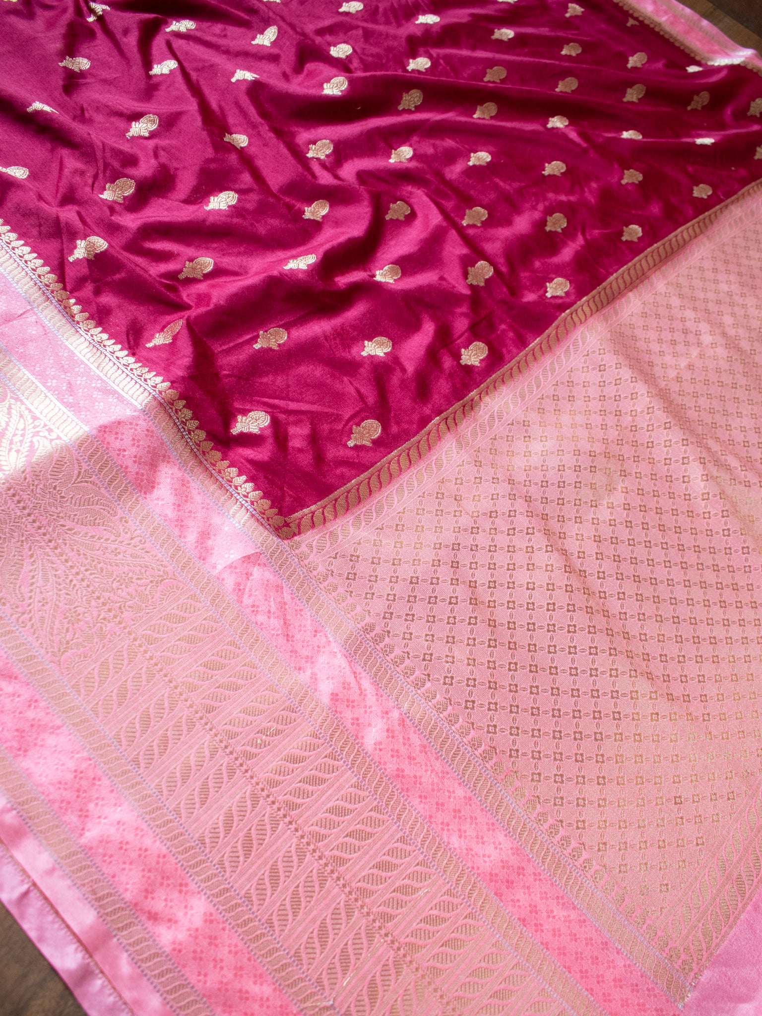 Banarasi Soft Cotton Mix Saree With Buti Weaving & Contrast Border- Wine