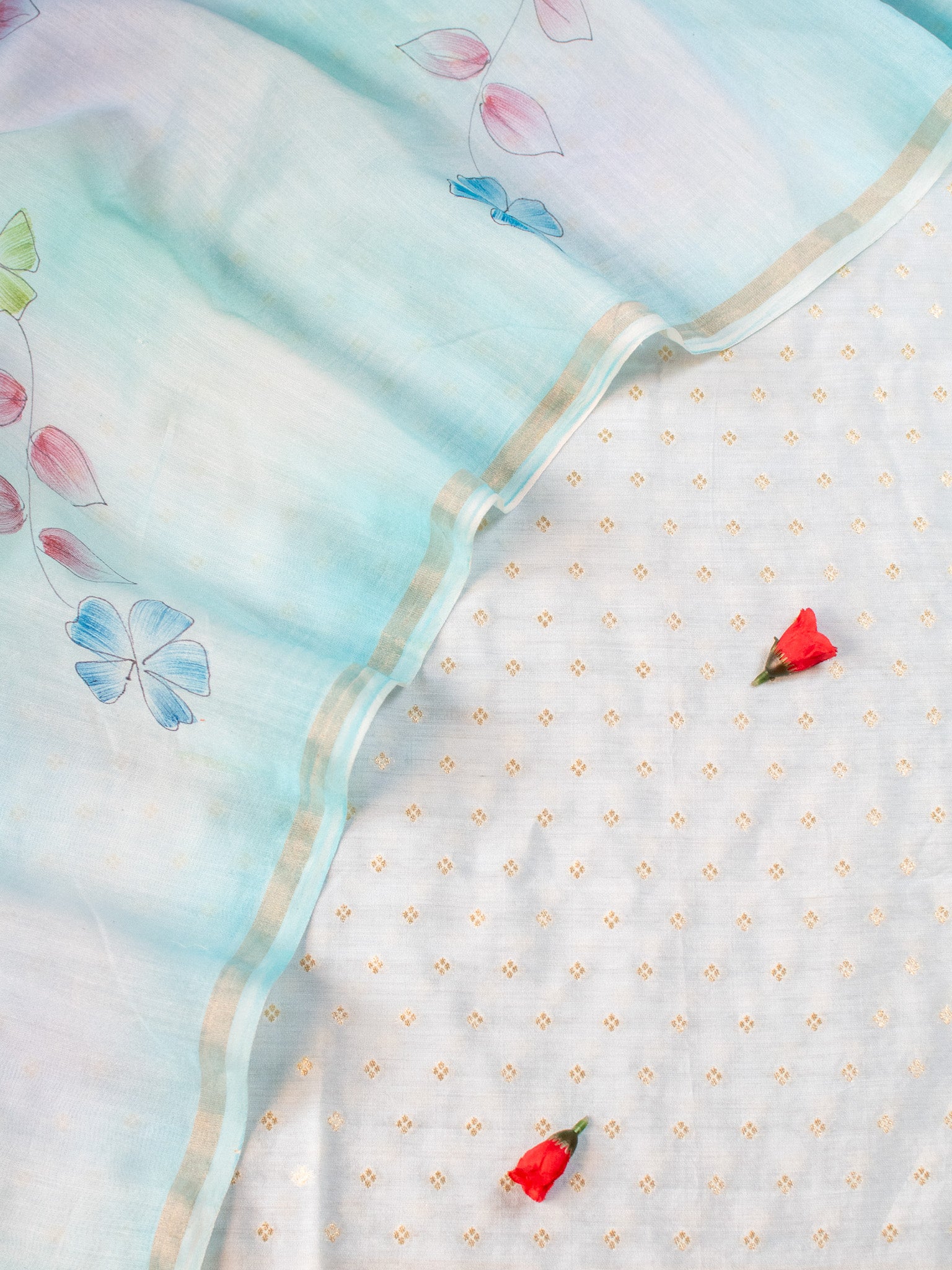 Banarasi Soft Cotton Salwar Kameez Fabric With Hand Painted Dupatta- Blue