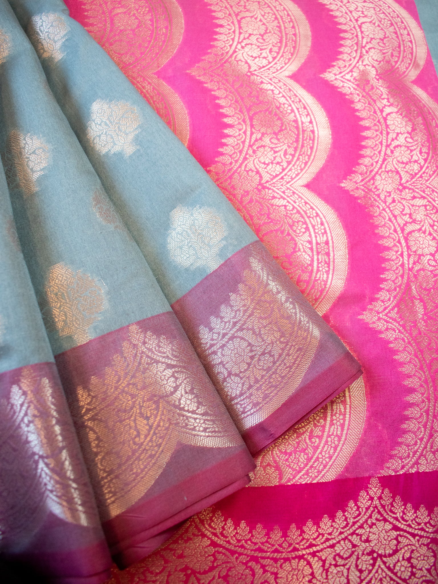 Banarasi Cotton Silk Saree With Buta & Contrast Border- Grey