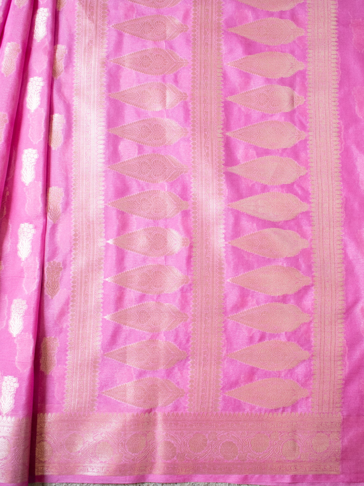 Banarasi Semi Silk Saree With Silver Zari Weaving & Border-Pink