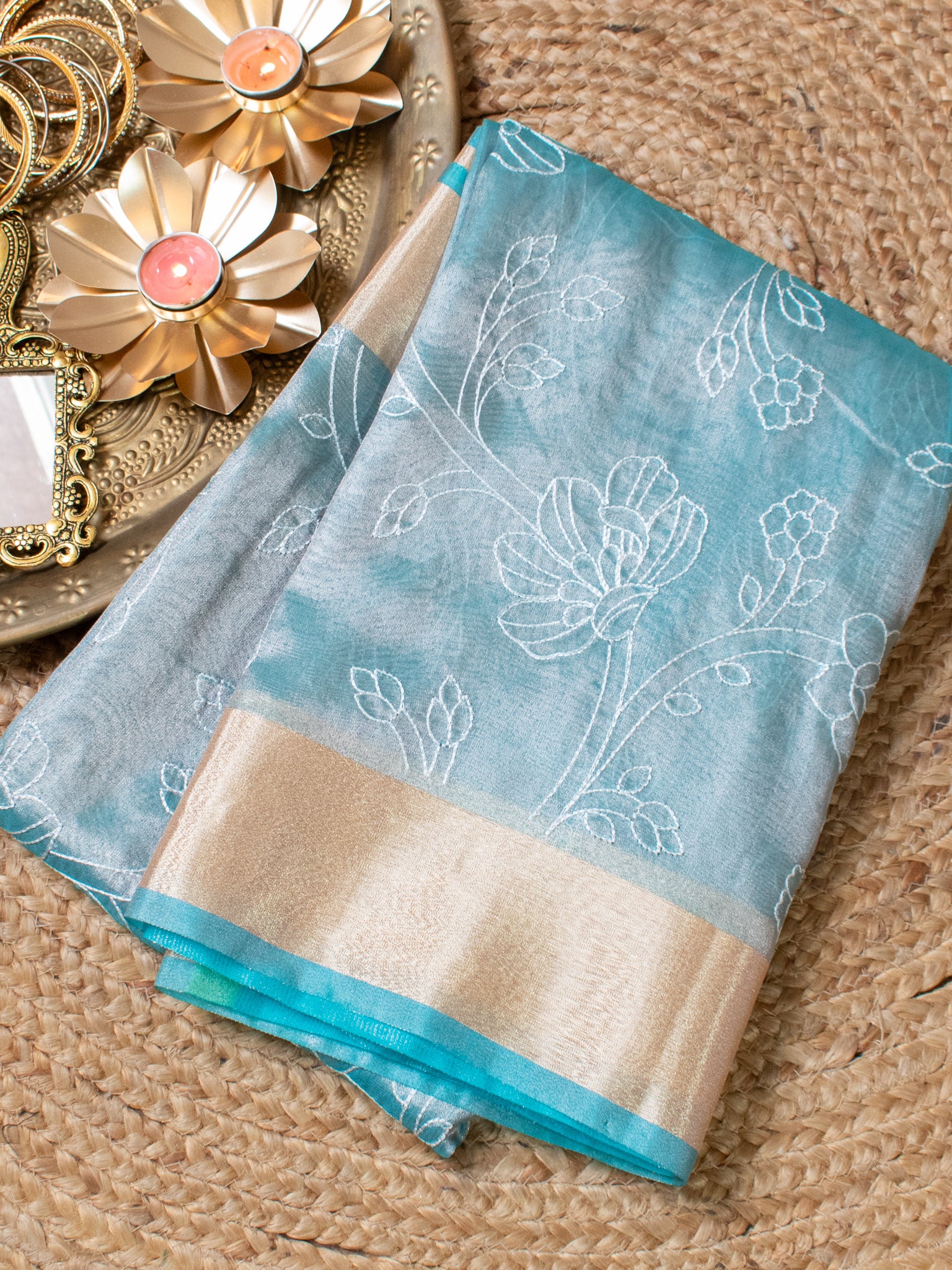 Banarasi Tissue Embroidered Saree With Weaving & Border- Aqua Blue