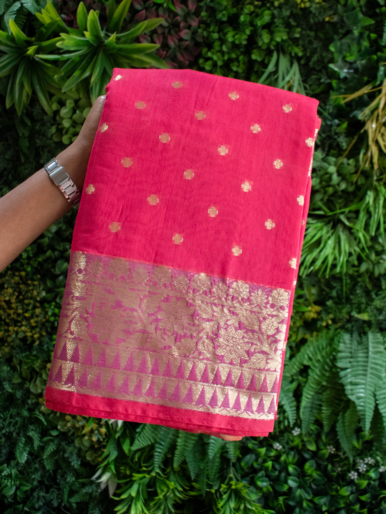 Banarasi Chanderi Cotton Zari Polka Dots Weaving-Magenta