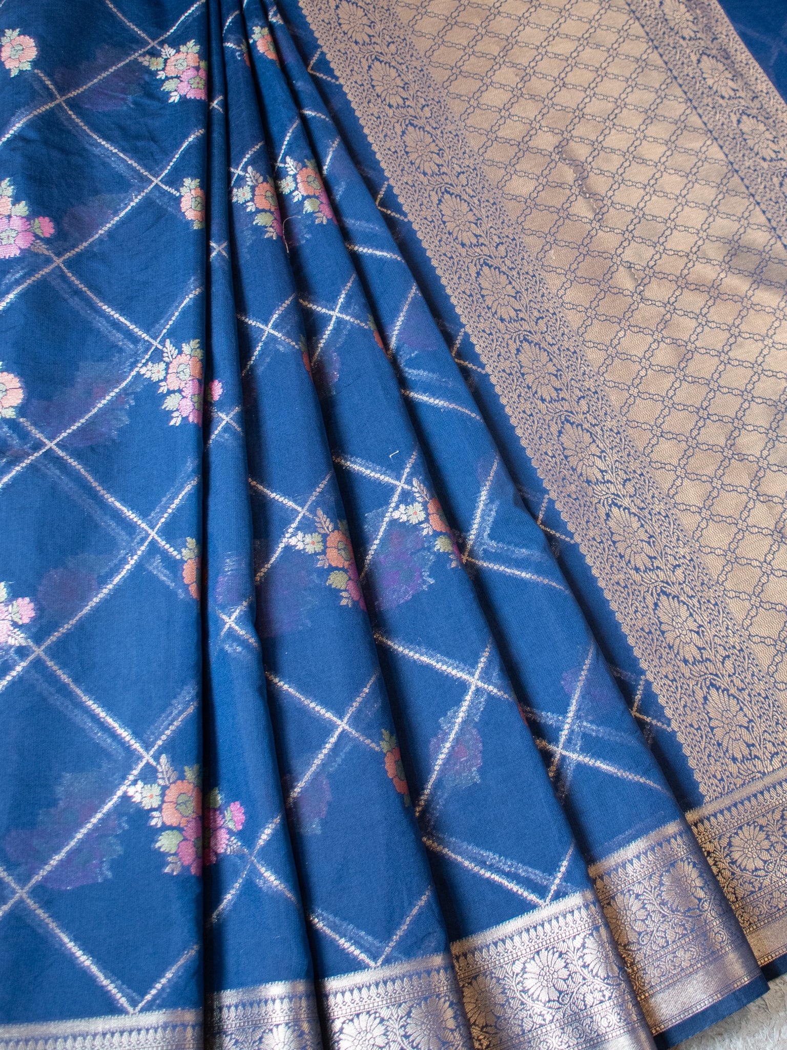 Banarasi Semi Georgette Saree with Floral Weaving & Border- Blue