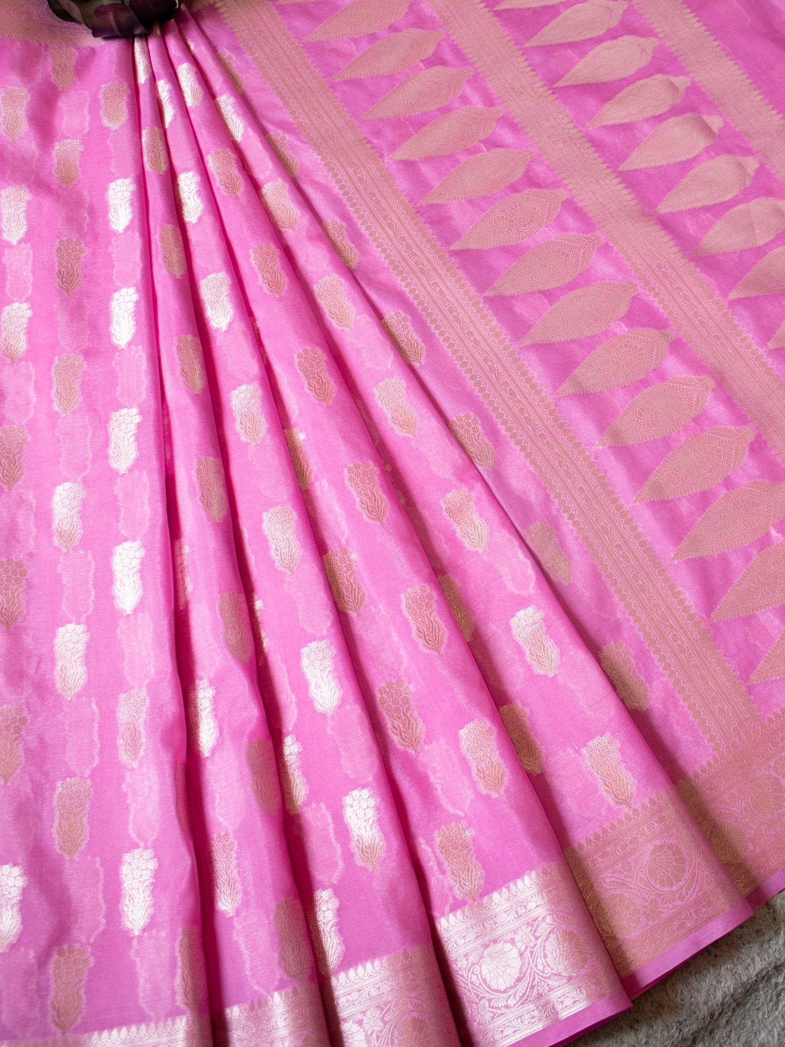 Banarasi Semi Silk Saree With Silver Zari Weaving & Border-Pink