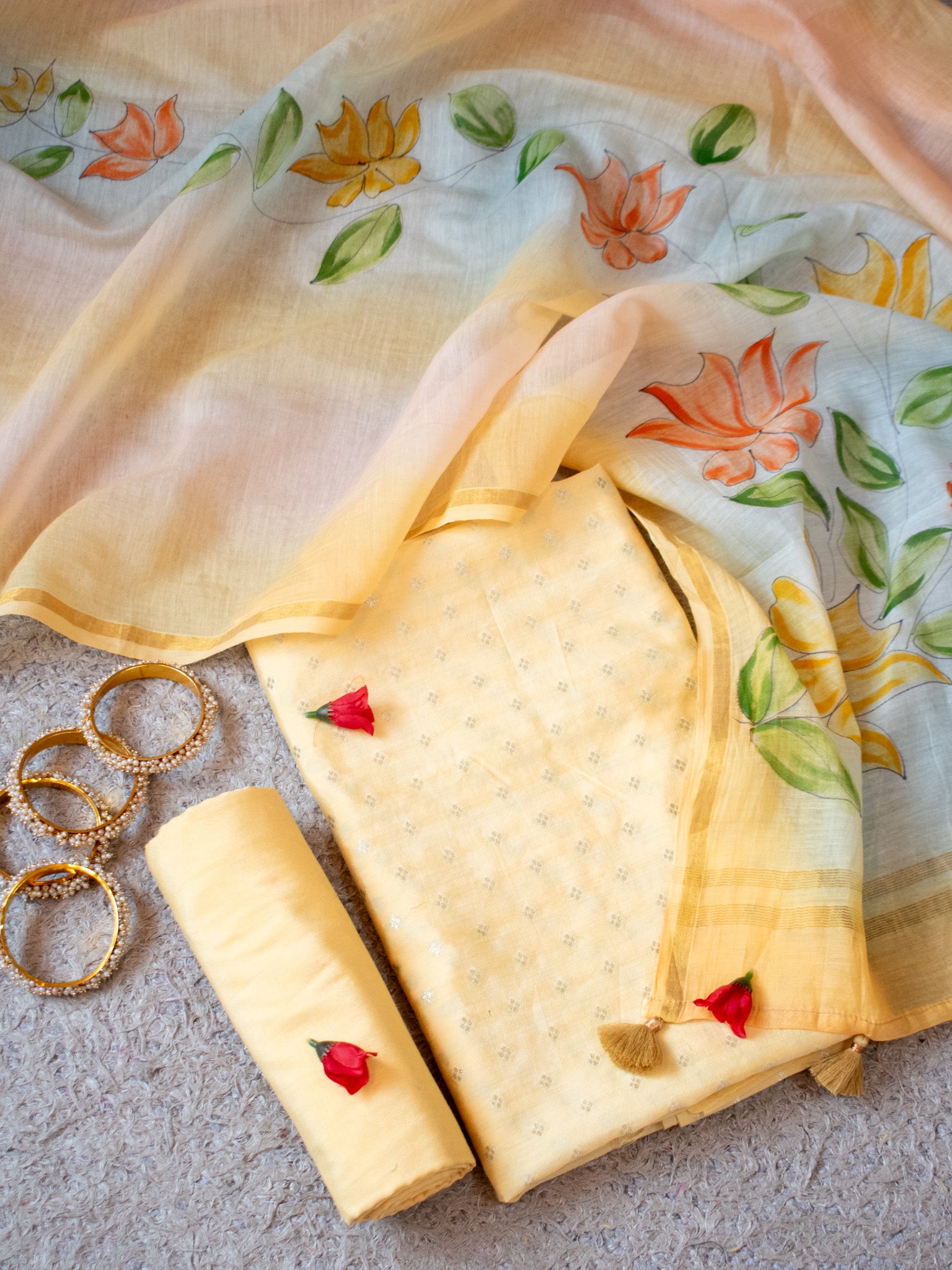 Banarasi Soft Cotton Salwar Kameez Fabric With Hand Painted Dupatta- Yellow