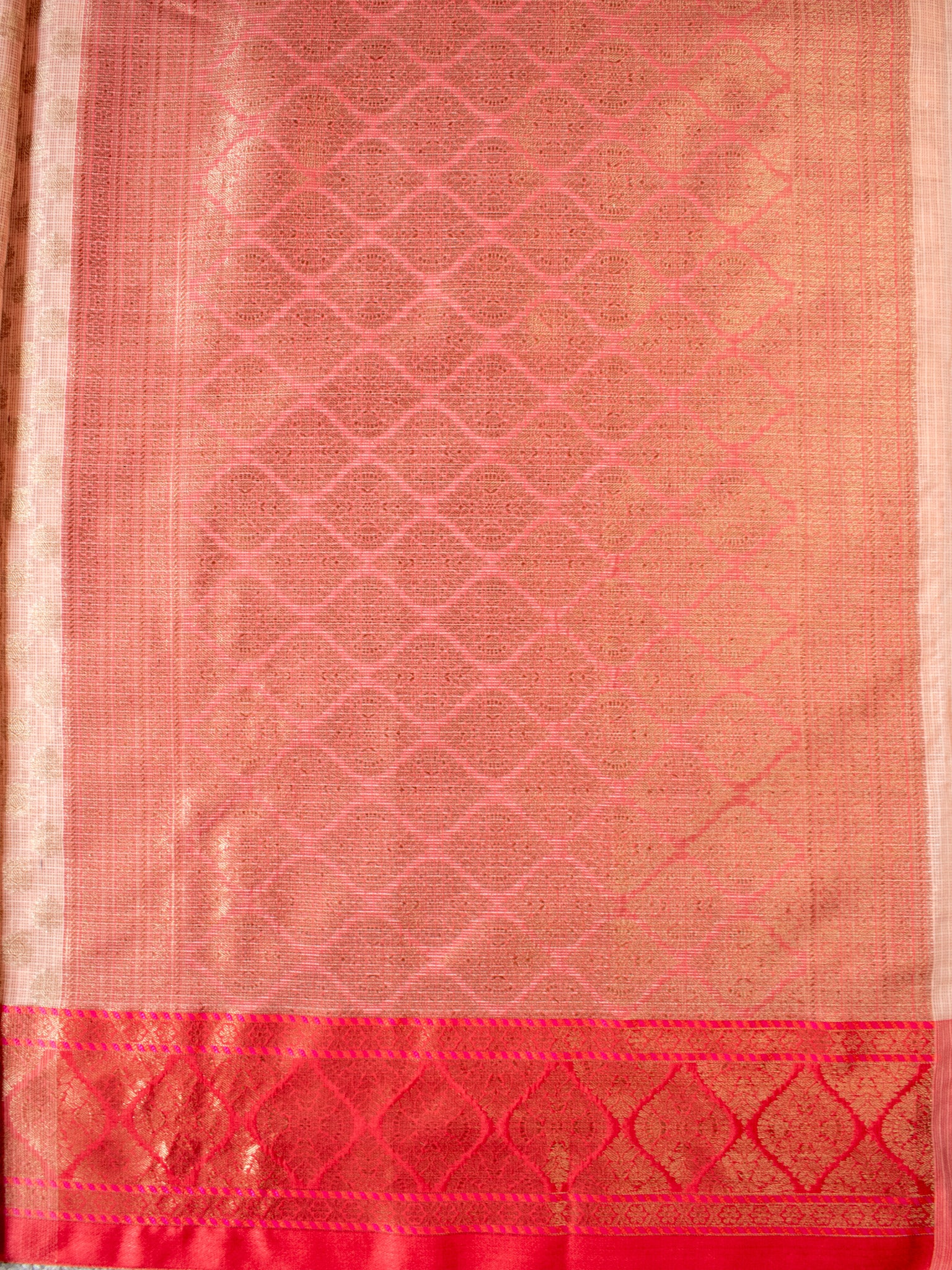 Banarasi Kota Check Saree With Buti Contrast Red Border-Beige