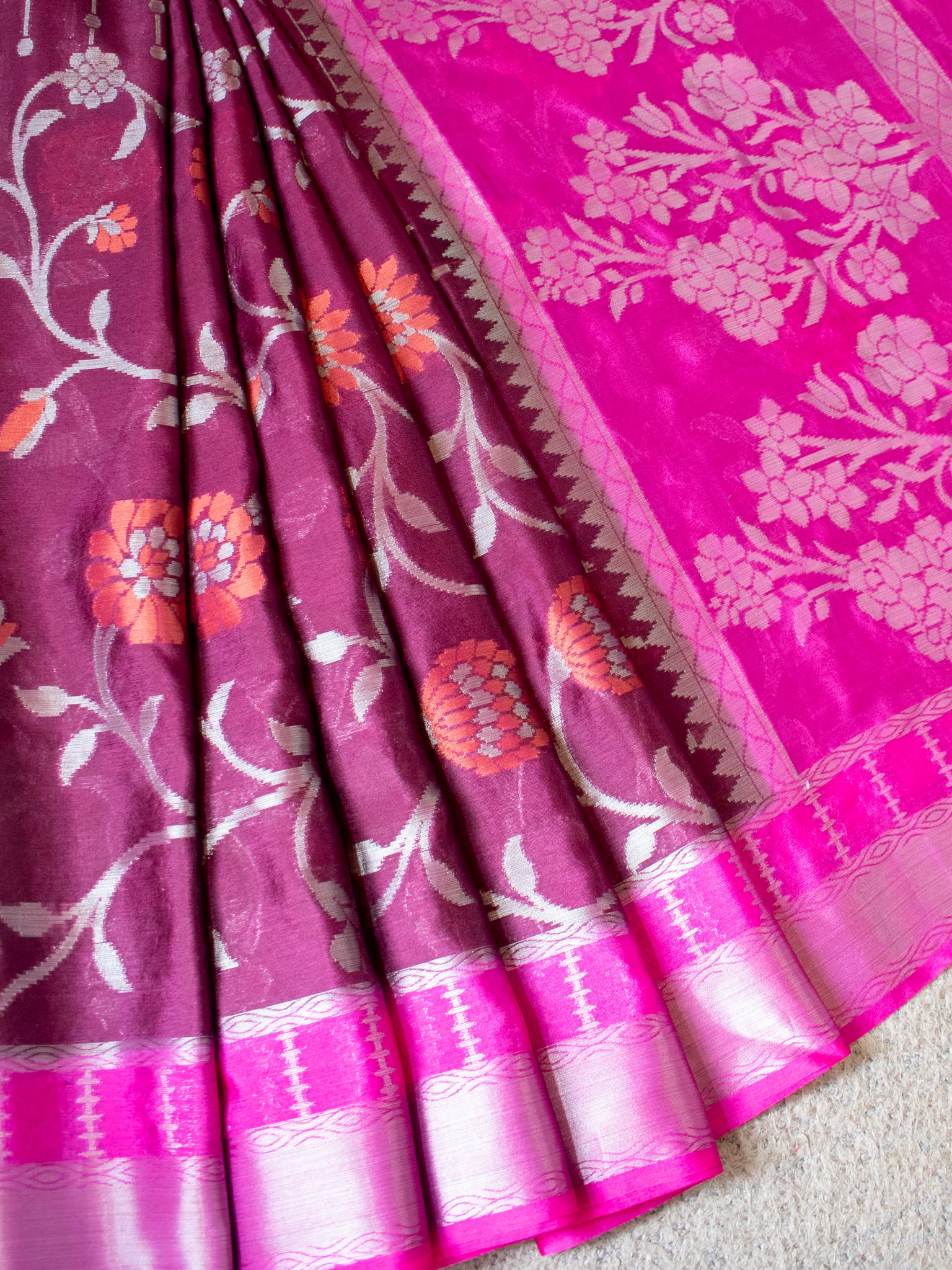 Banarasi Cotton Mix Saree with Floral Weaving & Border- Wine