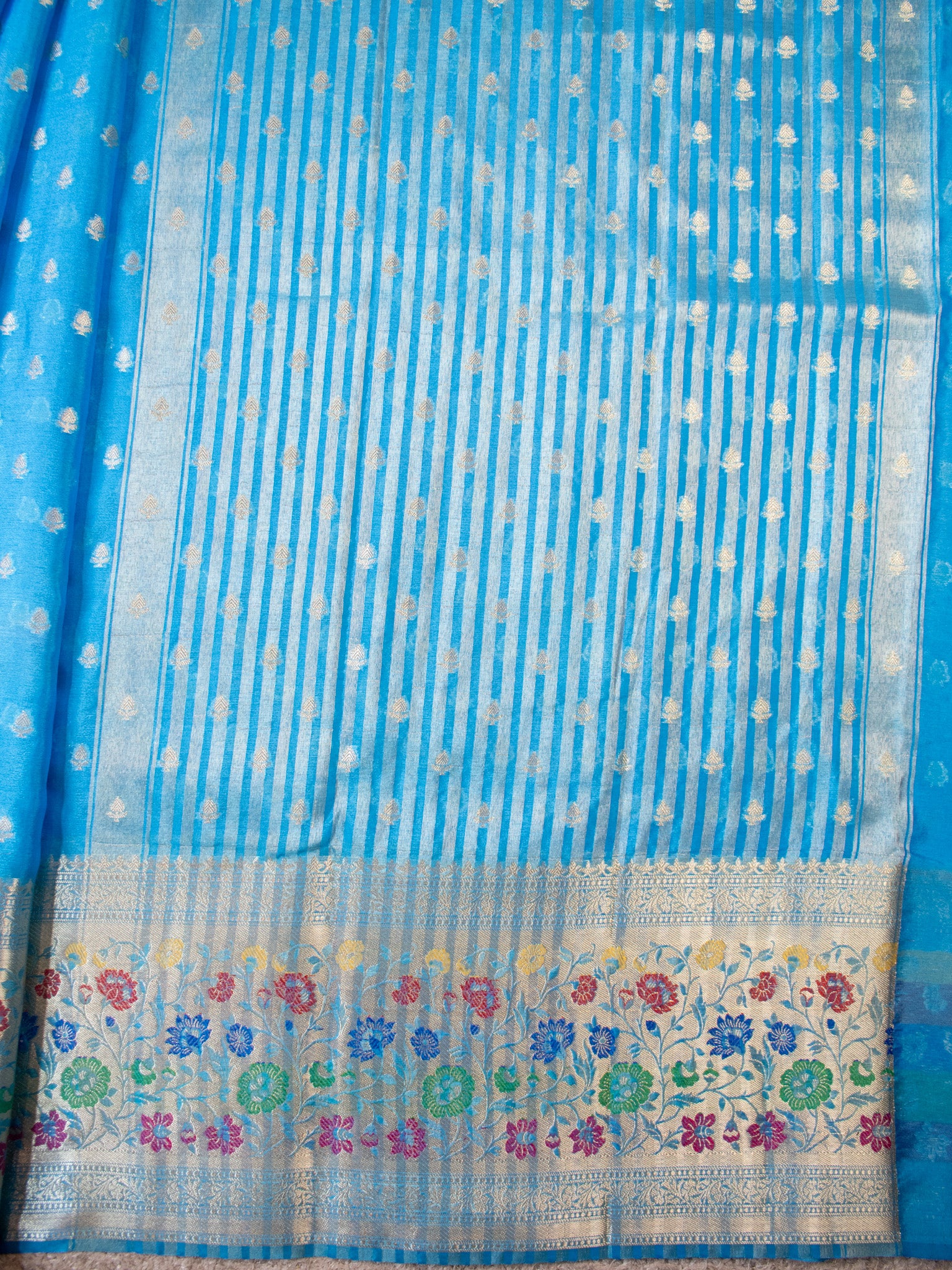 Banarasi Kora Saree With Zari Weaving & Meena Border-Blue