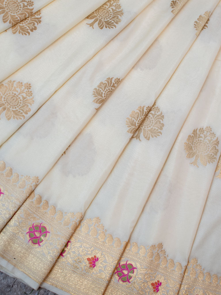 Banarasi Art Katan Silk Saree With Meena Buta Weaving-White