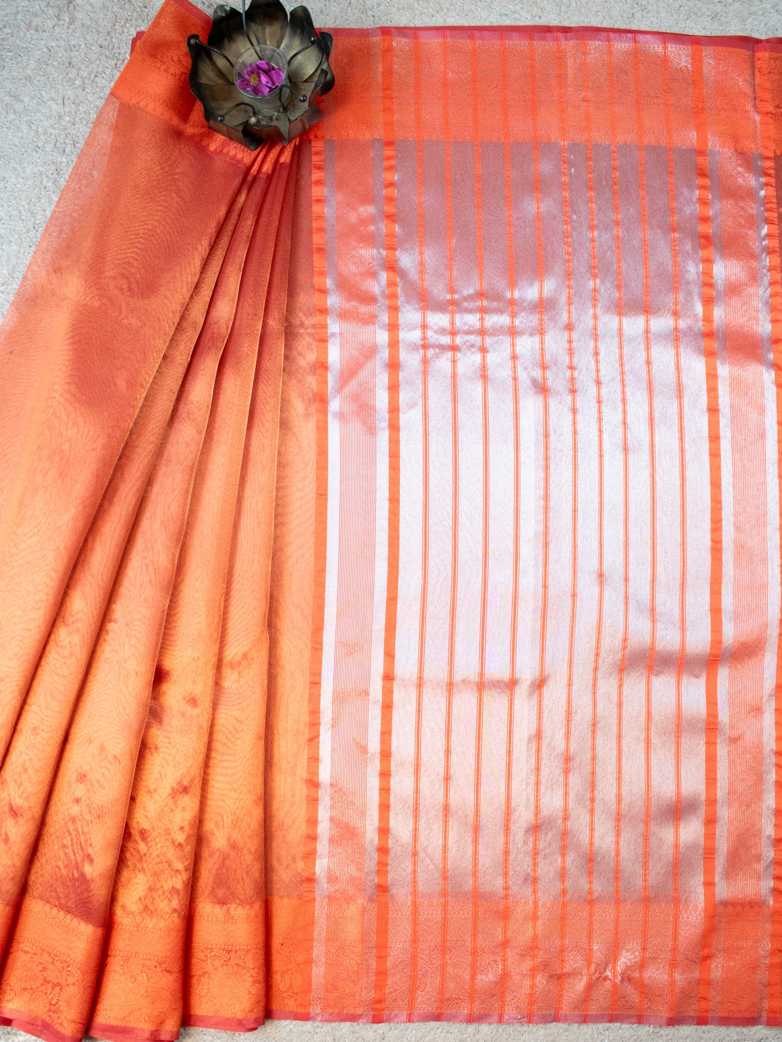 Banarasi Plain Shaded Tissue Saree With Zari Border - Orange