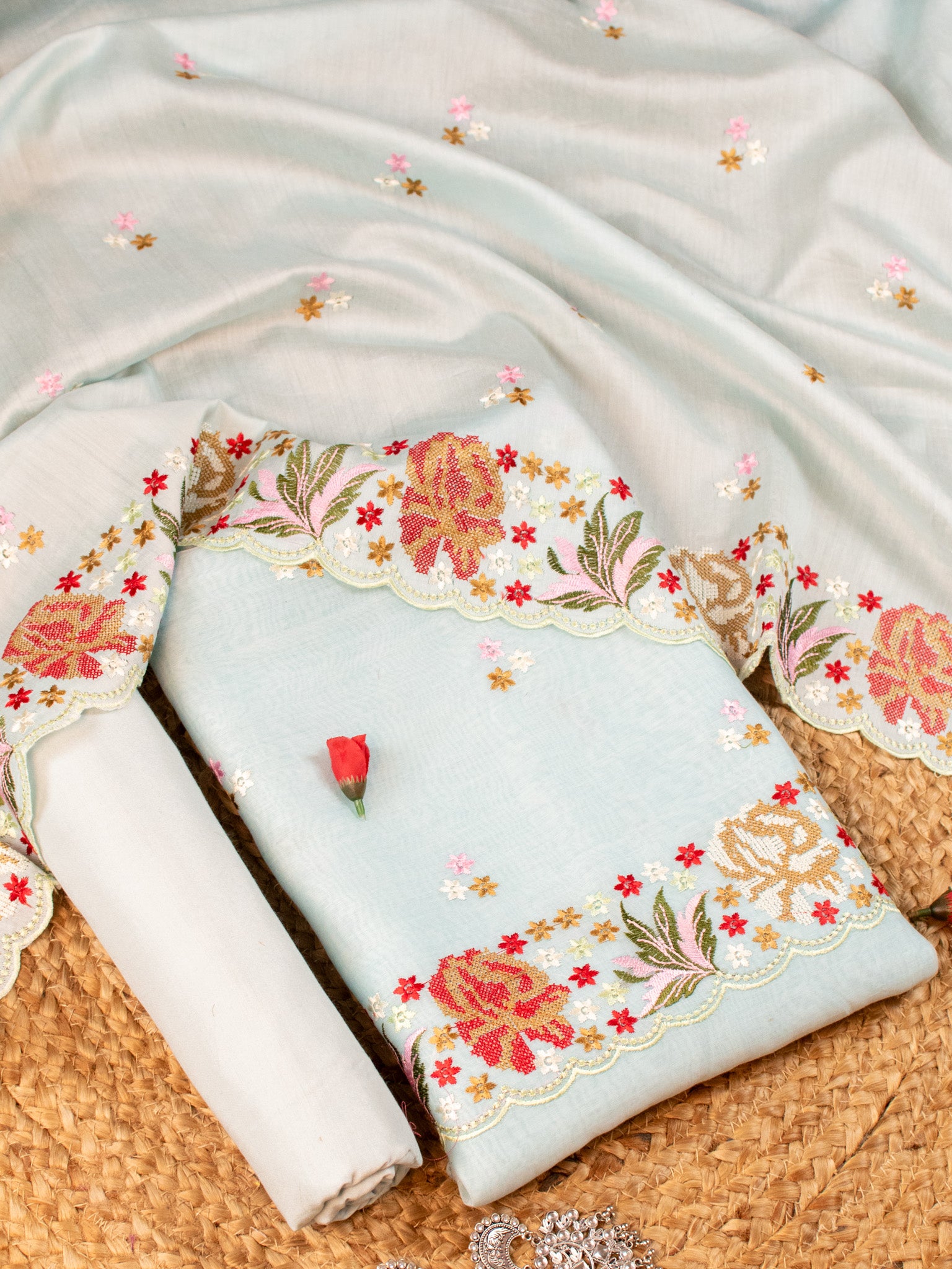 Banarasi Soft Cotton Embroidered Salwar Kameez Fabric With Dupatta- Blue