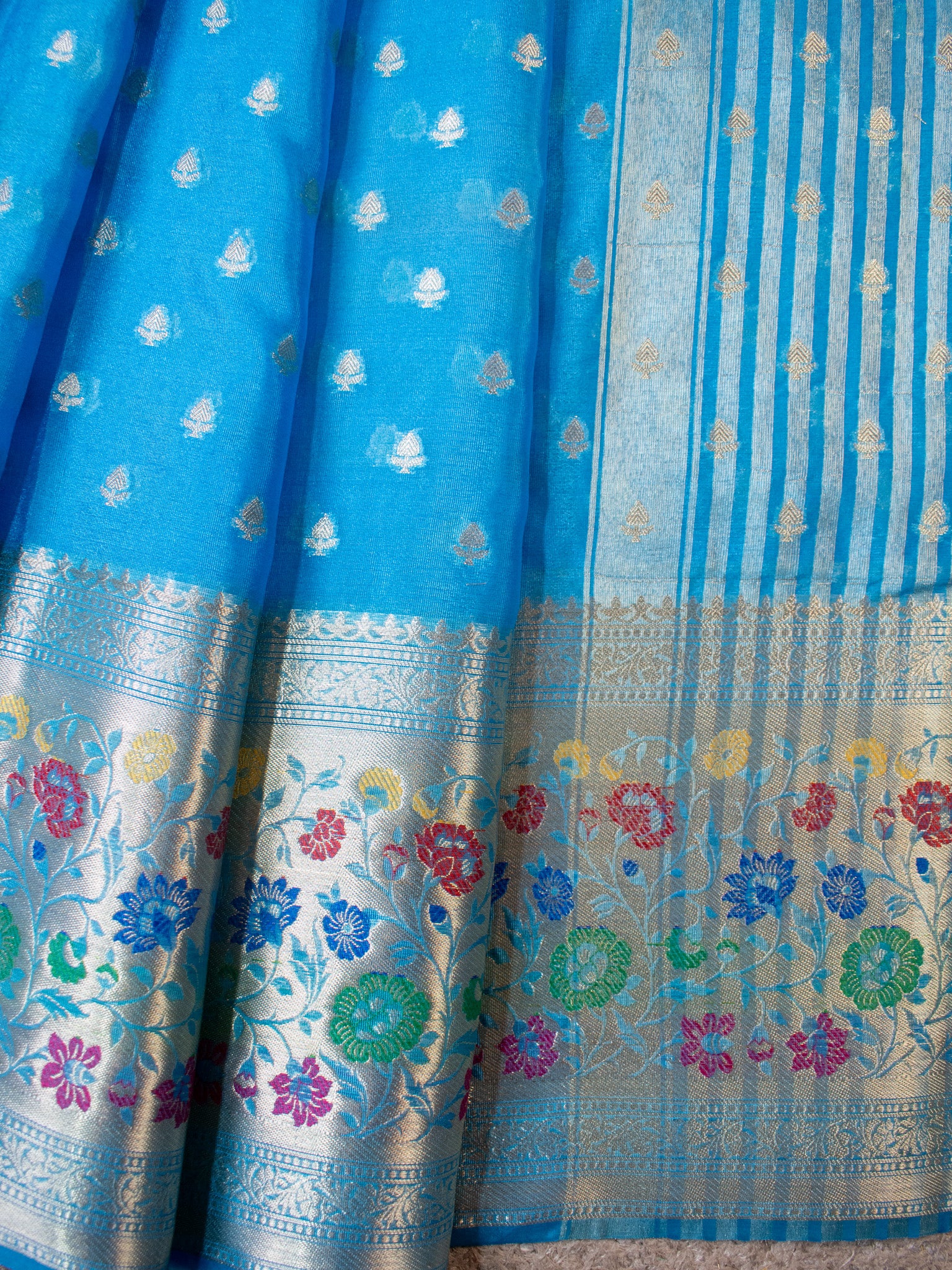 Banarasi Kora Saree With Zari Weaving & Meena Border-Blue