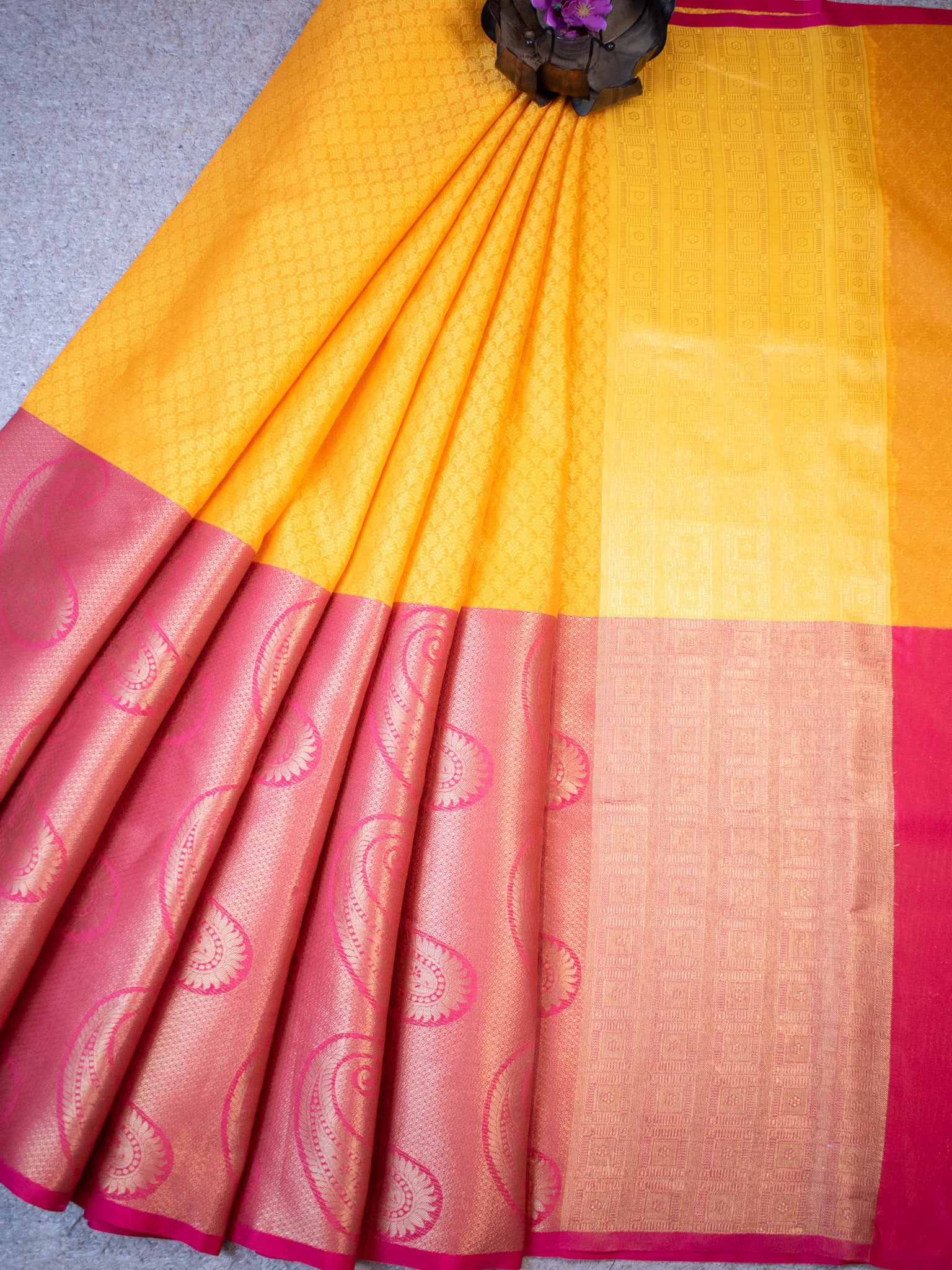 Banarasi Kora Muslin Broad Contrast Border Saree-Yellow & Pink