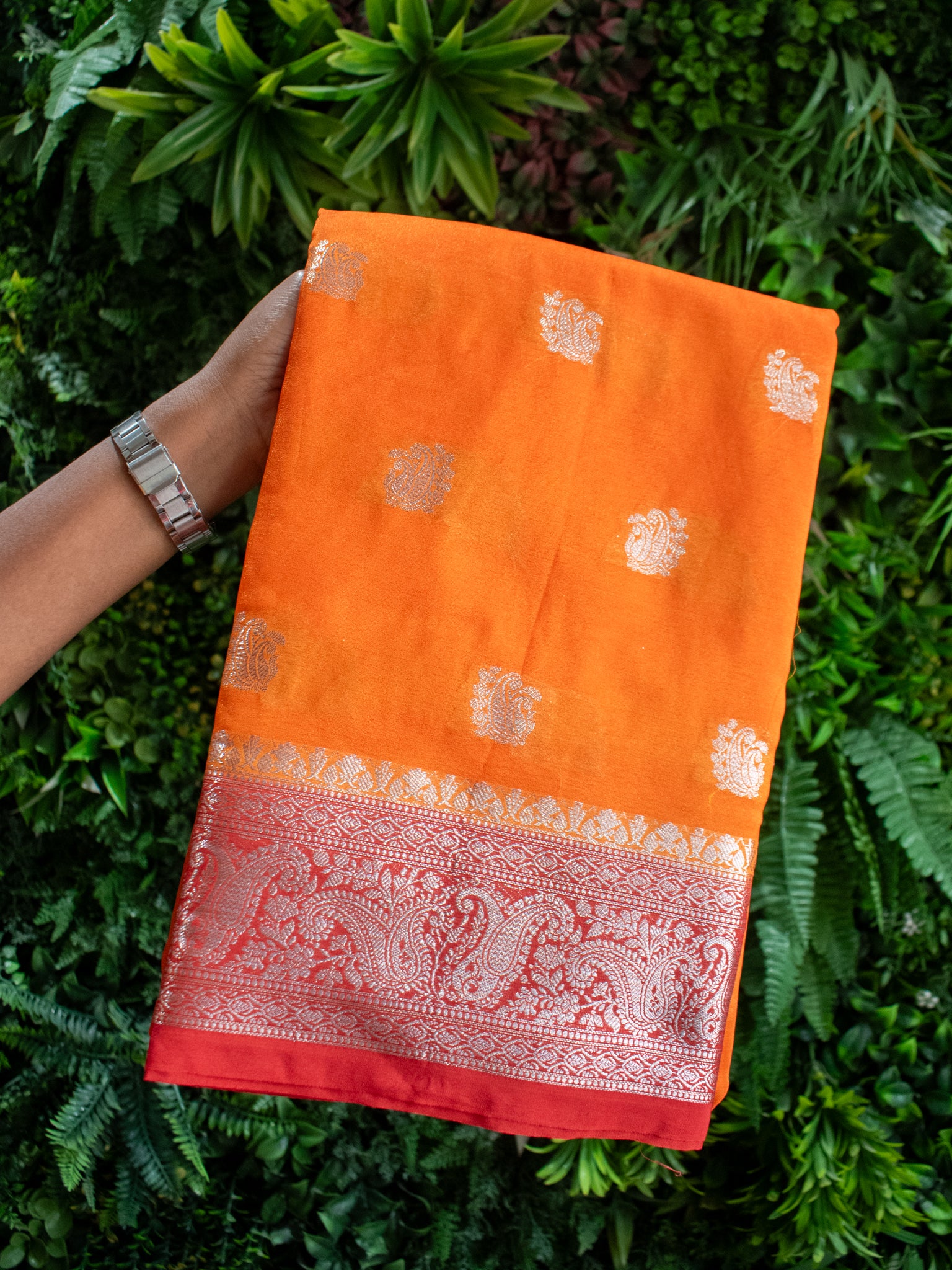 Banarasi Semi Chiffon Saree Silver Zari Buti Weaving With Contrast Border- Orange