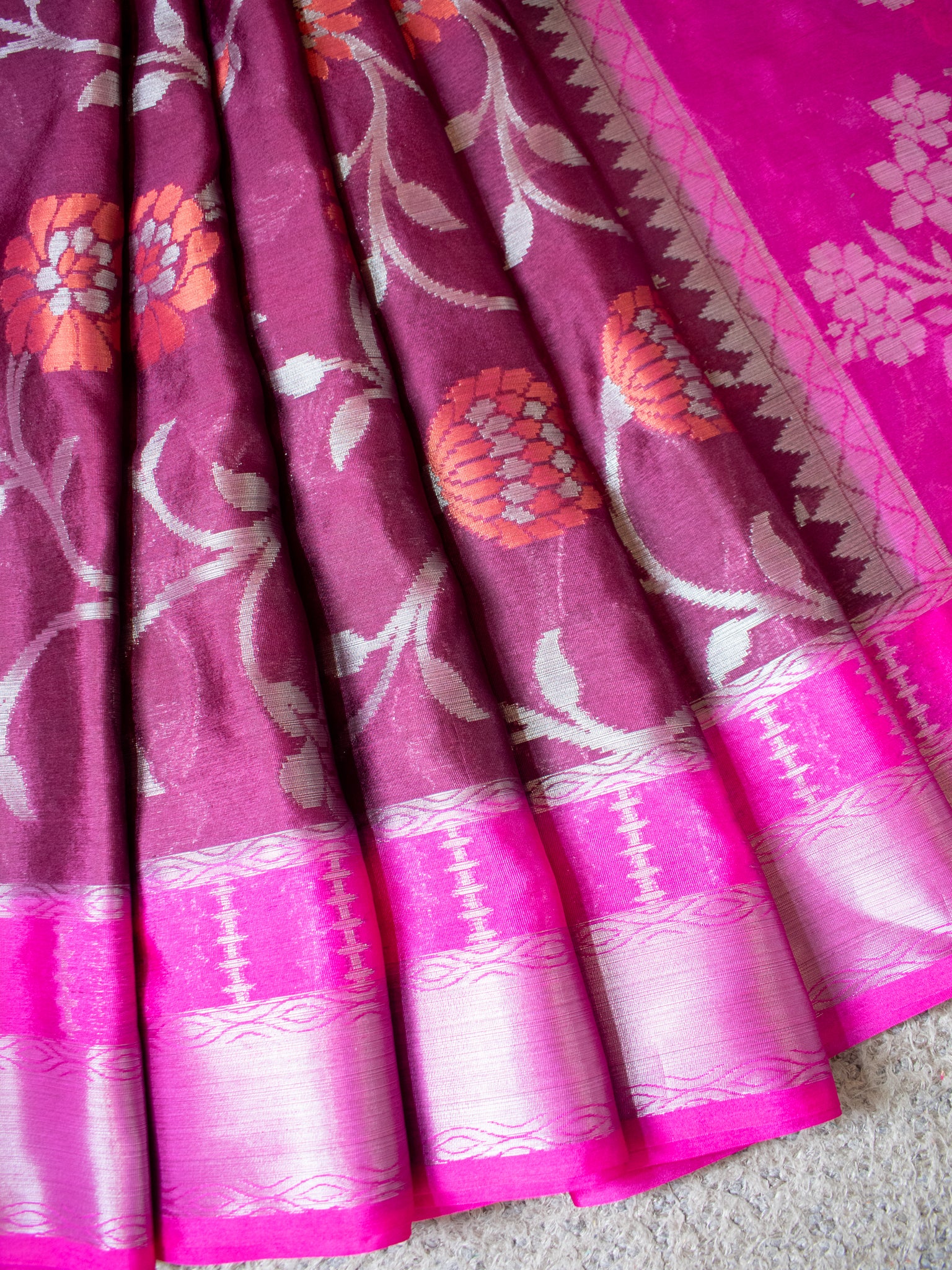 Banarasi Cotton Mix Saree with Floral Weaving & Border- Wine