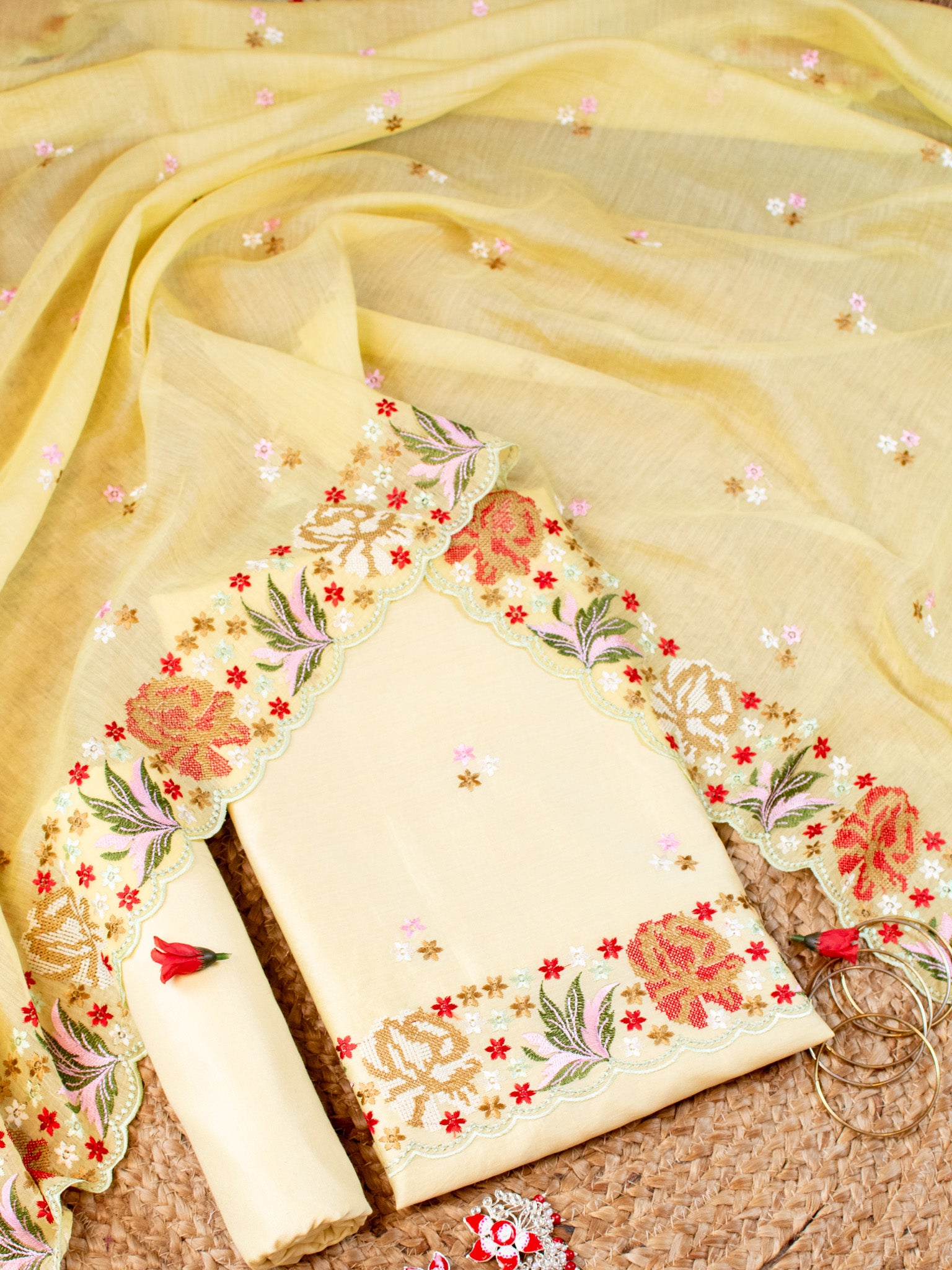 Banarasi Soft Cotton Embroidered Salwar Kameez Fabric With Dupatta- Yellow