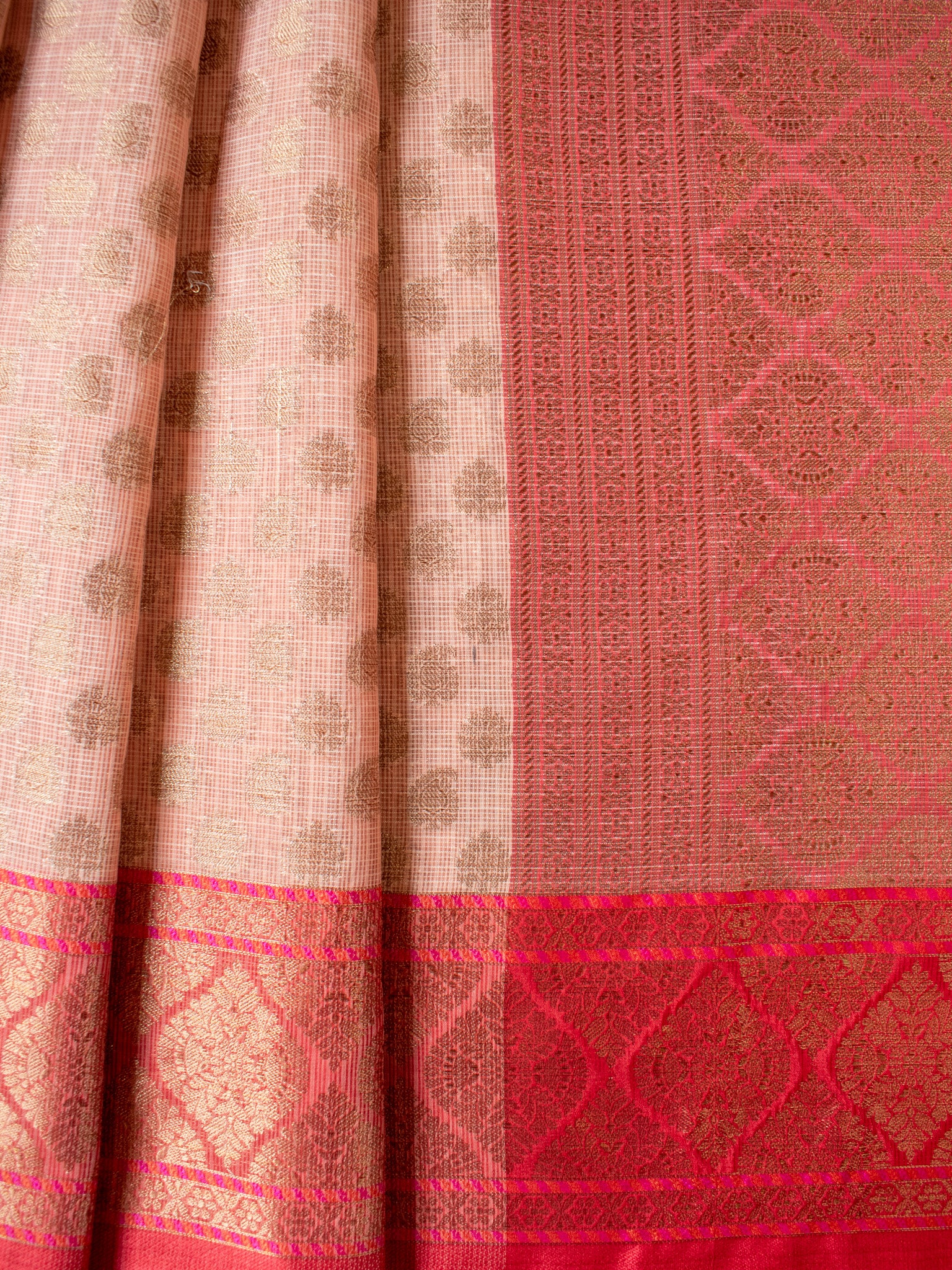 Banarasi Kota Check Saree With Buti Contrast Red Border-Beige