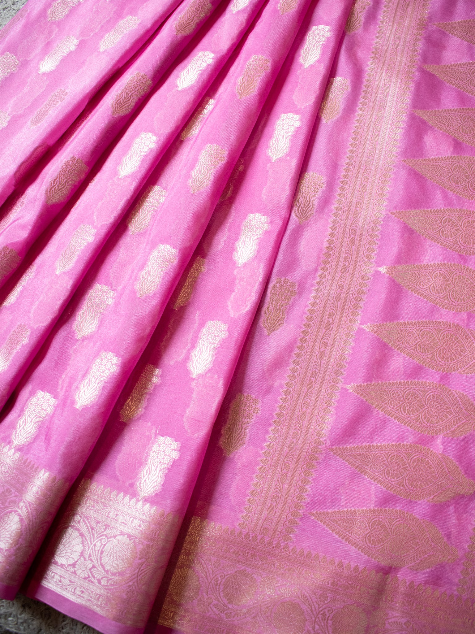 Banarasi Semi Silk Saree With Silver Zari Weaving & Border-Pink