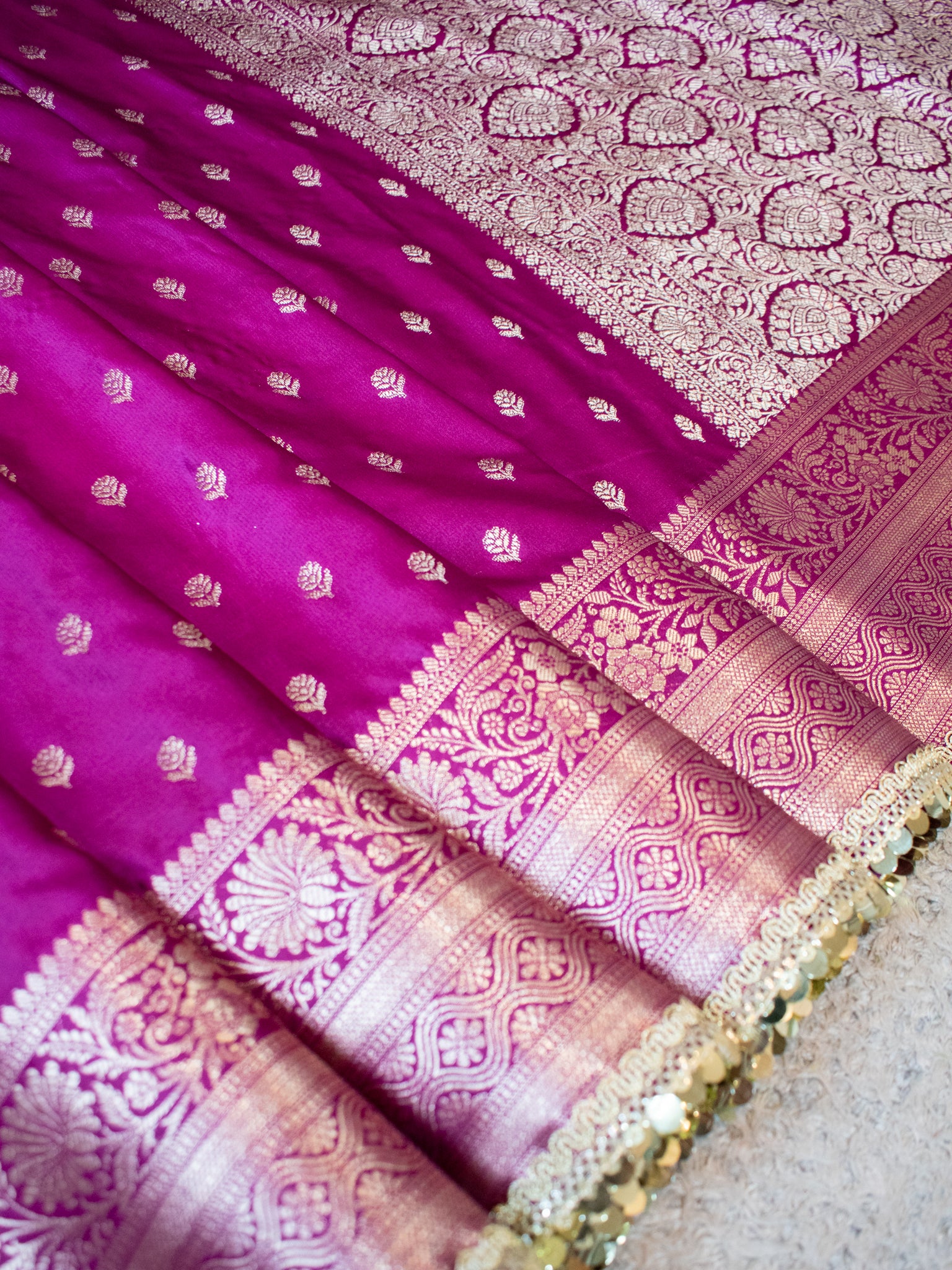Banarasi Silk Saree With Buti Weaving & Lace Border- Purple